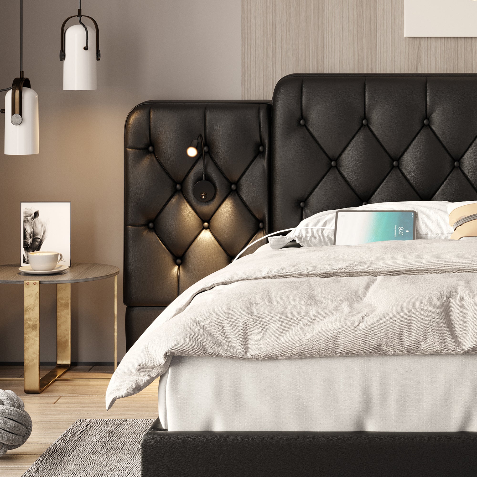 Bed Frame with Long Headboard, USB, Desk Lamp, Hydraulic Storage, 180x200cm - Black Velvet