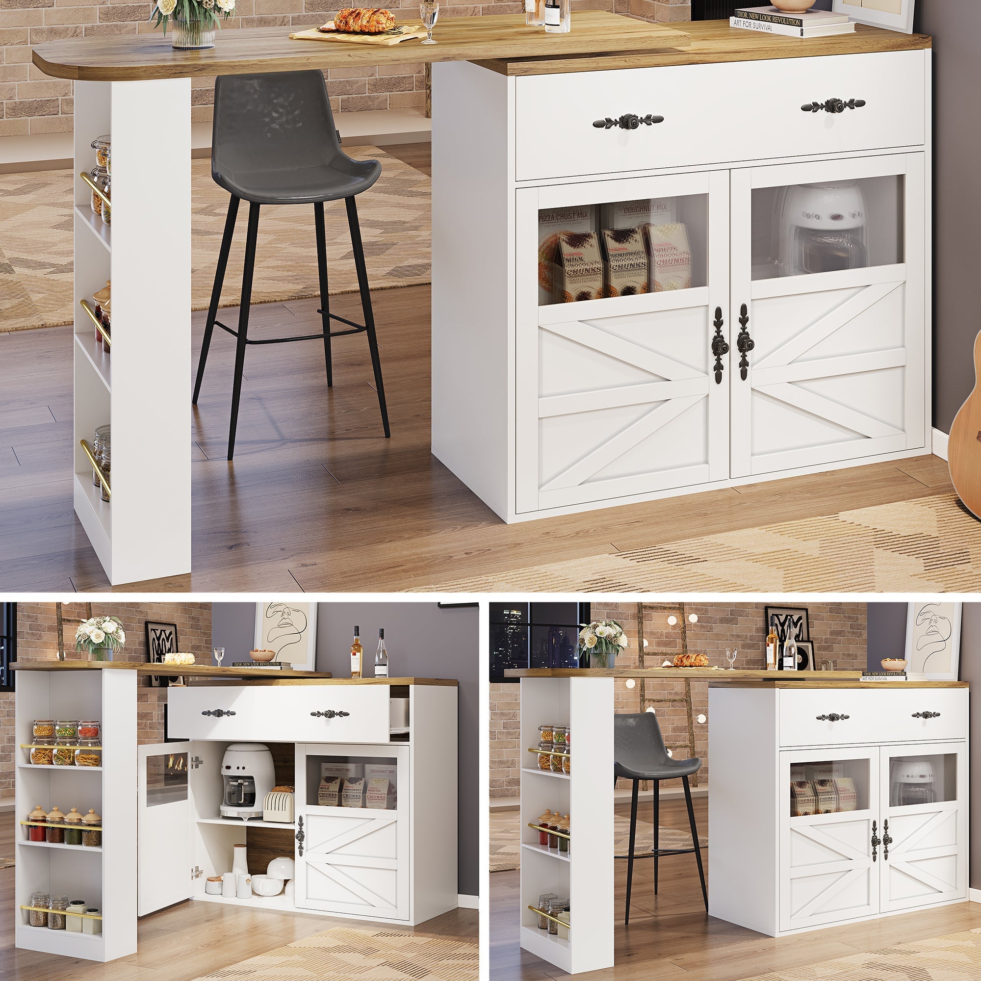 Extendable Bar Table 360° Rotating Storage Shelves - White