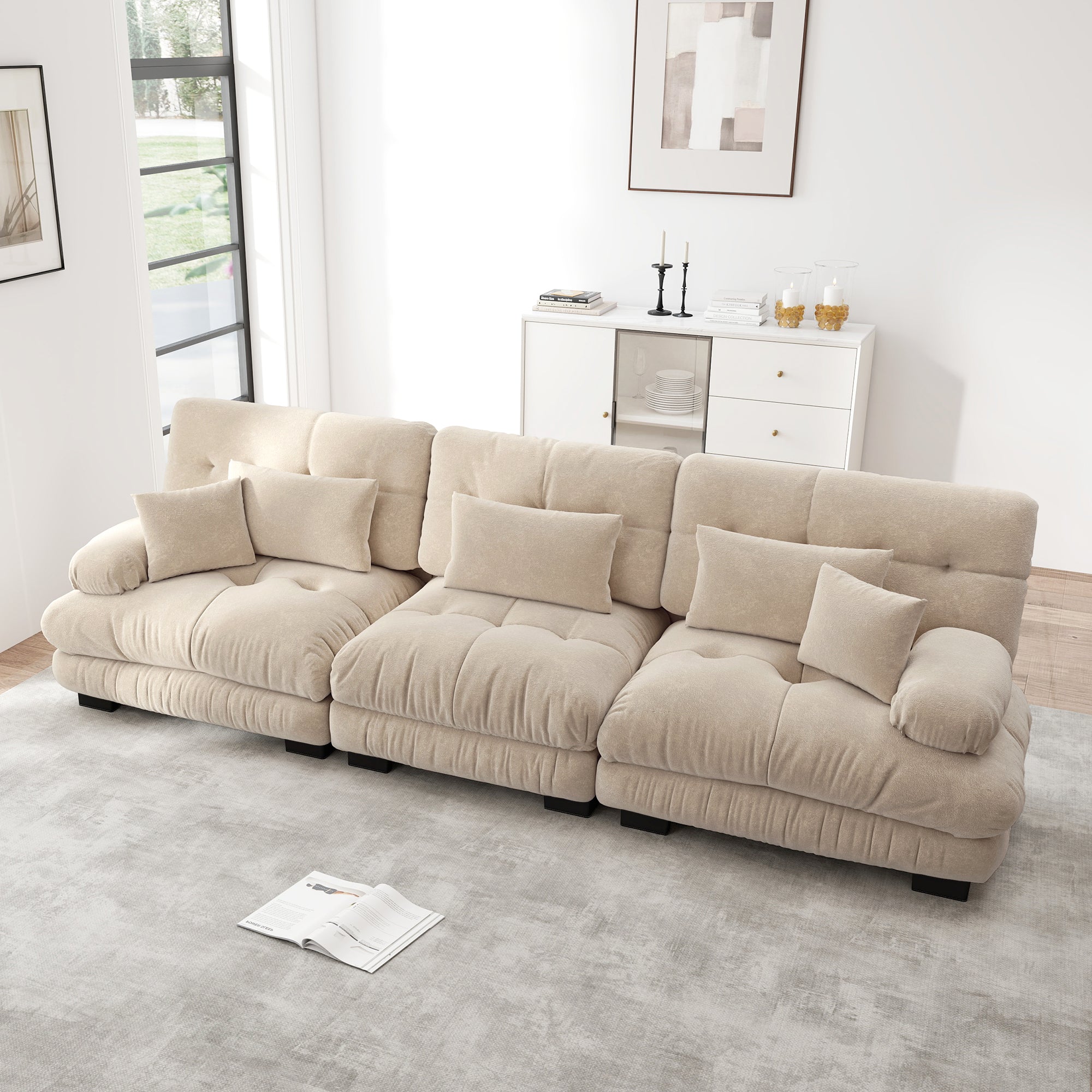 Modular Corner Sleeper Sofa 3-Seater Deep Seat Chenille Light Brown