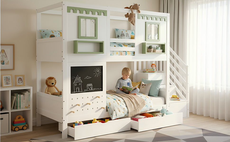 Bunk Bed 90x200cm Pegboard with Hooks 2 Drawers & Stair Storage Cabinet White + Green Pine