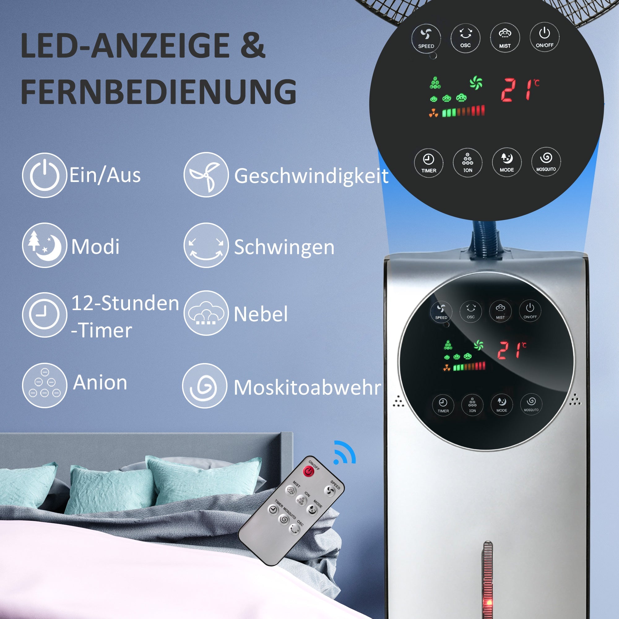 Pedestal Fan with Misting Function, 90W 3 Air Modes, Remote Control, Black