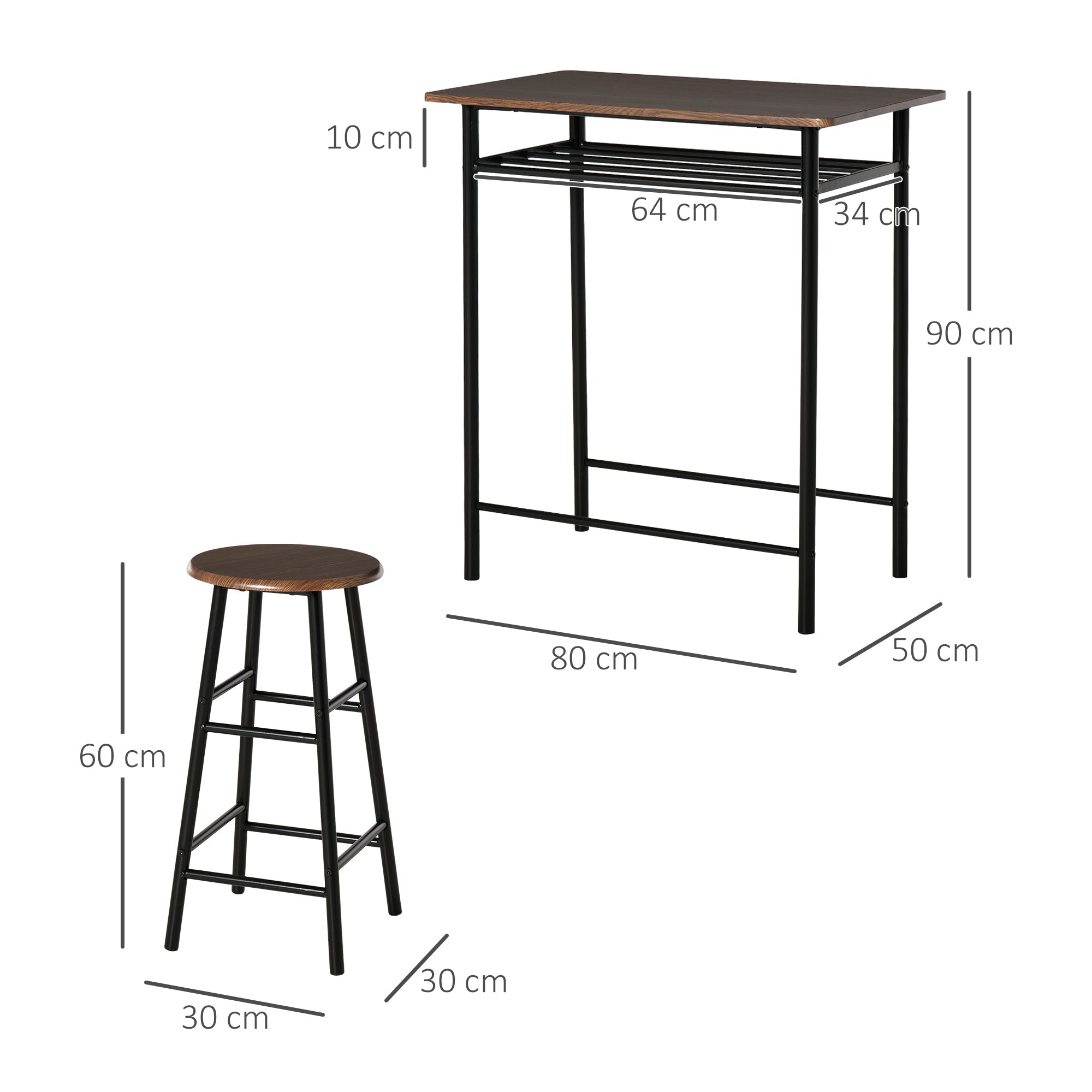 Bar Table Set, 3-Piece Dining Table with 2 Bar Stools, Storage Shelf, Metal Black