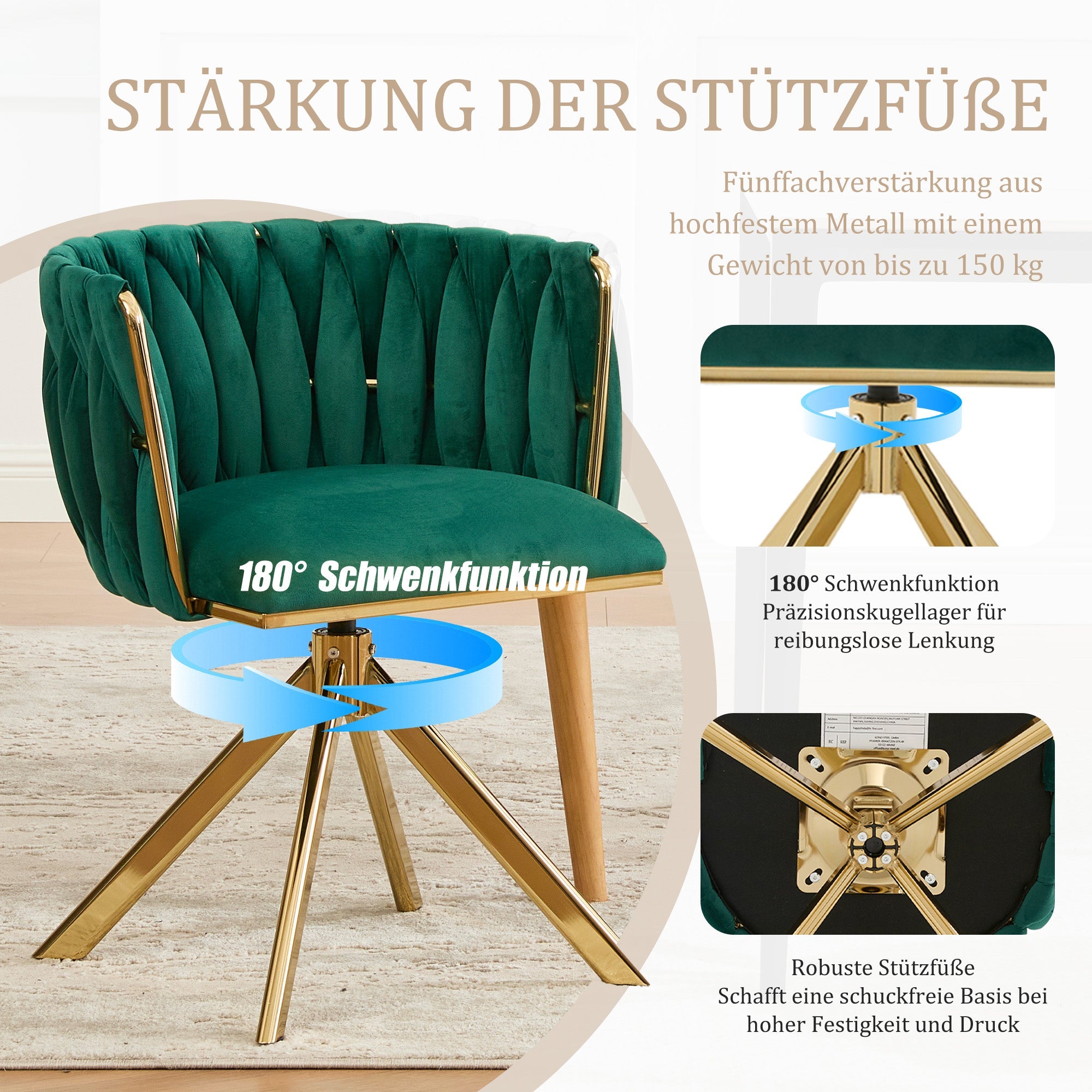Velour Armchair, 180° Swivel, Ergonomic, Metal Frame