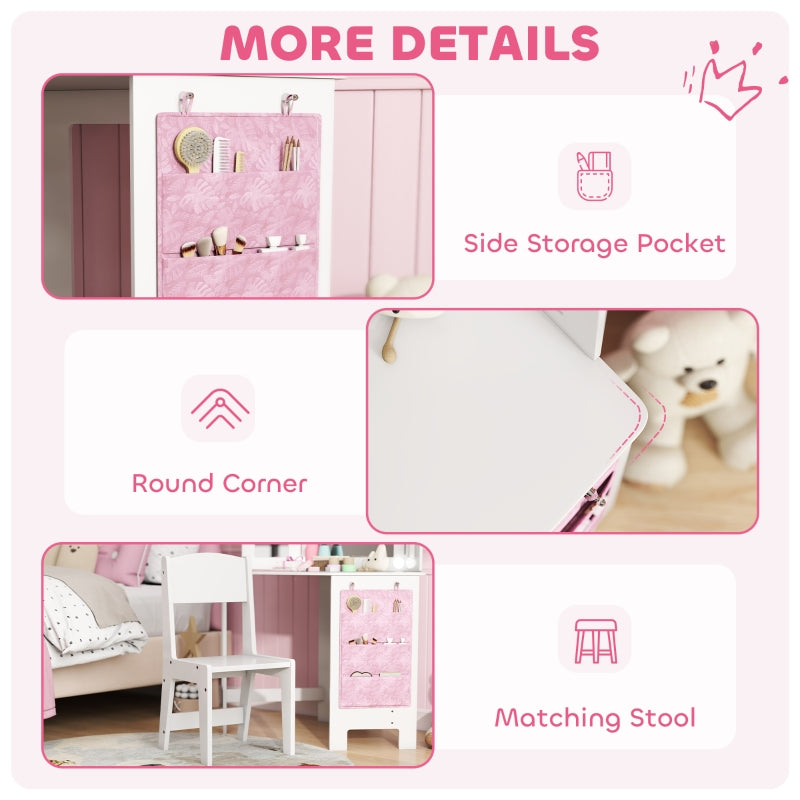 Kids Dressing Table and Stool Set with 2-Colour LED Lights Tri-Folding Mirror, White