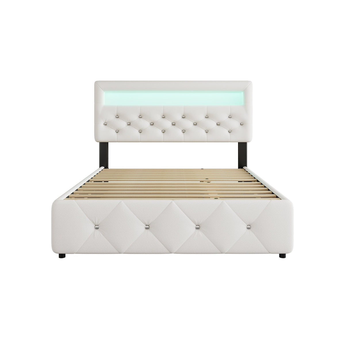 Upholstered Bed 140x200cm Pull-out Bed 2 Drawers Bedside Light Strip - White