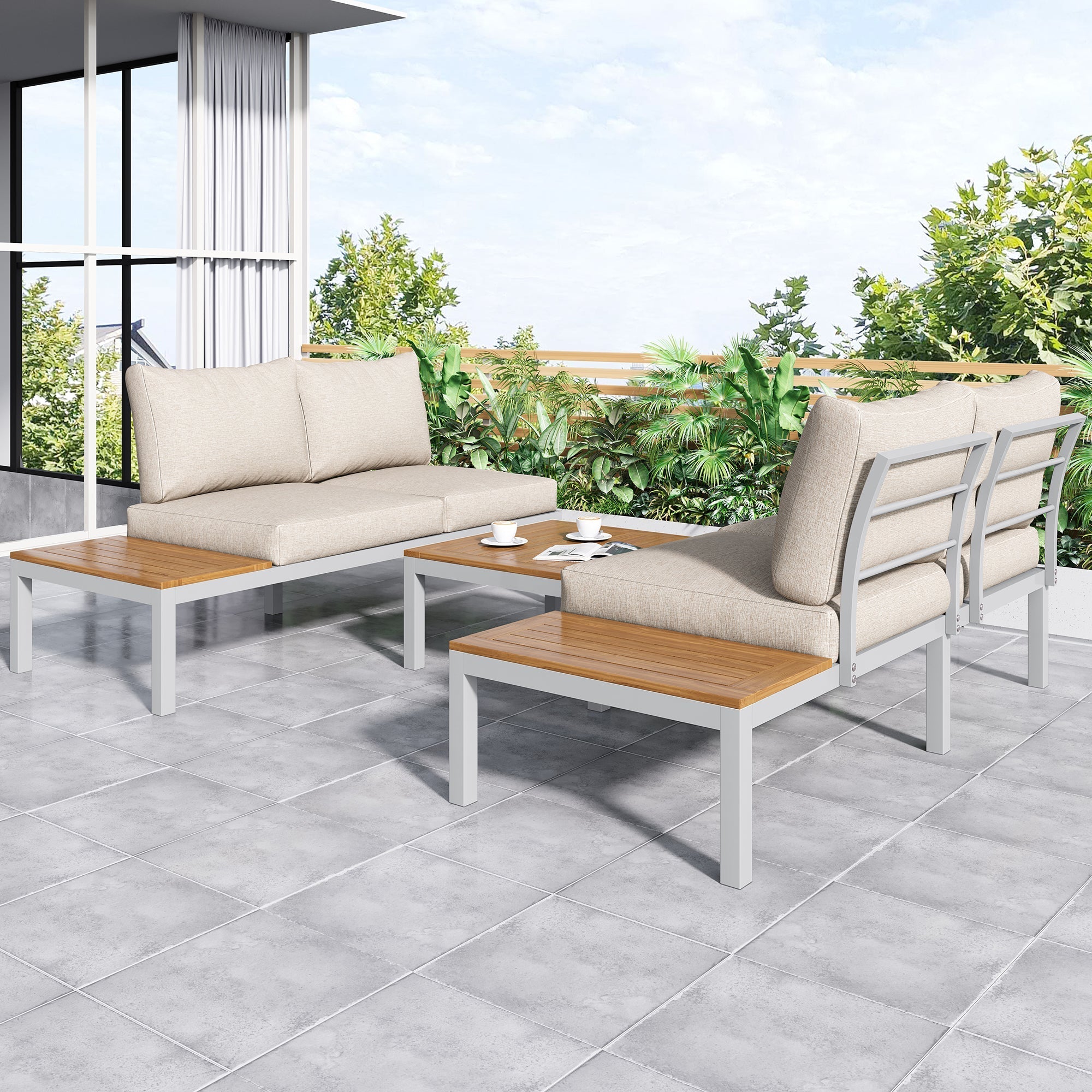 Outdoor Patio Garden Lounge Set for 4, Space Saving L-Shaped Corner Sofa with Wooden Table, Beige