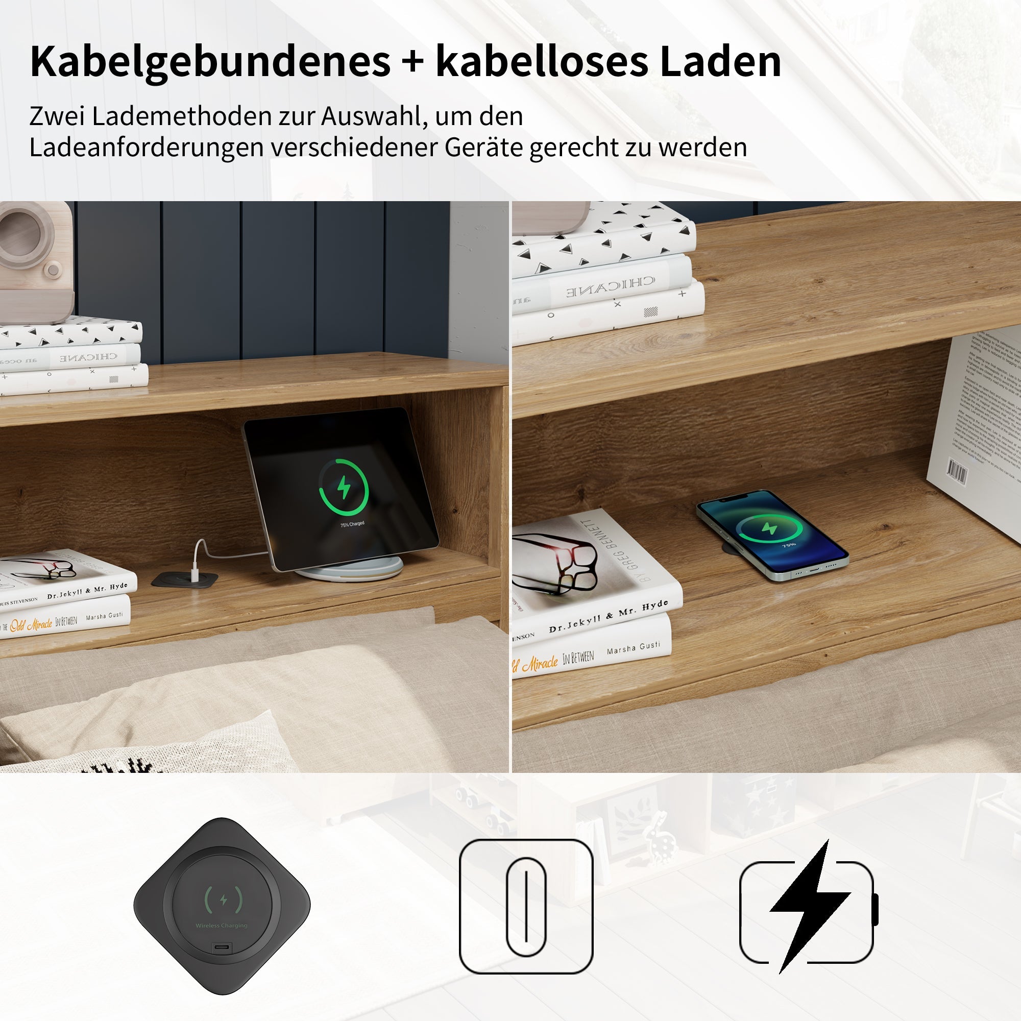 Multifunctional Children's Storage Bed with Nightstands, Shelves and Wireless Charging, Natural