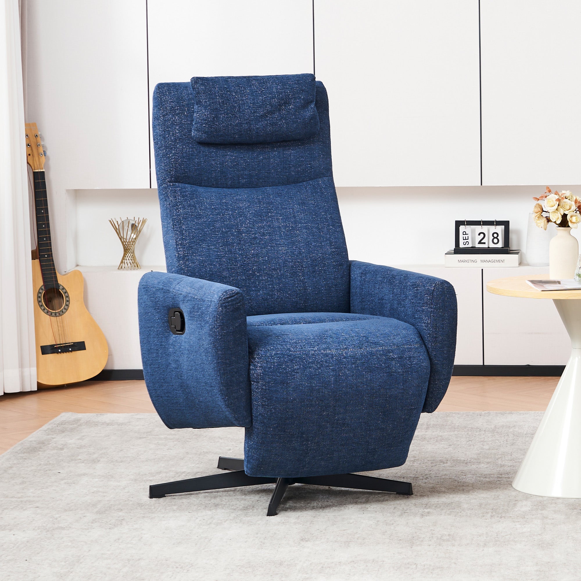 022 Recliner Chair, Comfortable with Reclining Function, Footrest, Swivel, Chenille, Blue