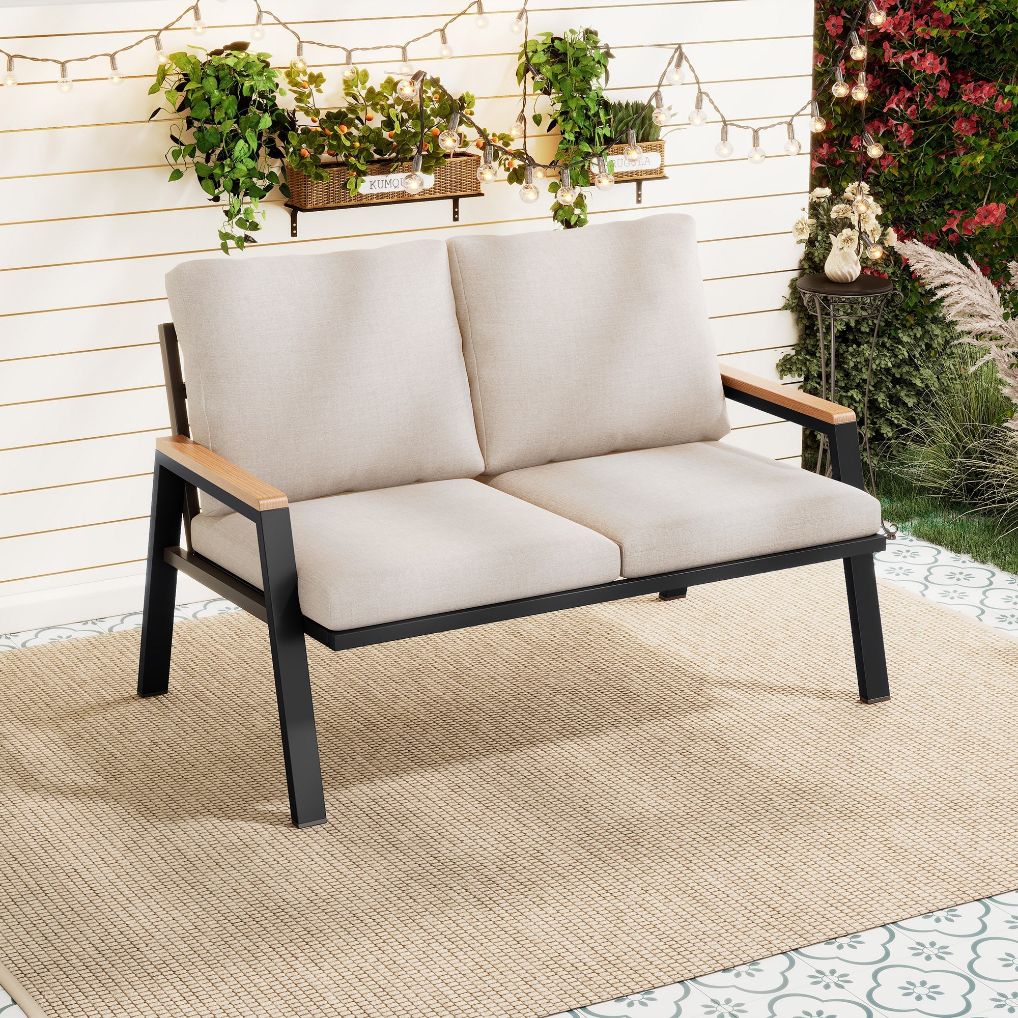 Garden Furniture Set, 2-Seater Outdoor Sofa with Wood-Plastic Composite Handrails, Grey-Beige Galvanized Steel
