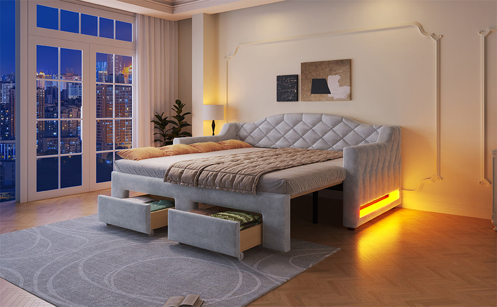 Upholstered Daybed with Two Drawers and LED Lighting, 90x200 to 180x200cm, Grey
