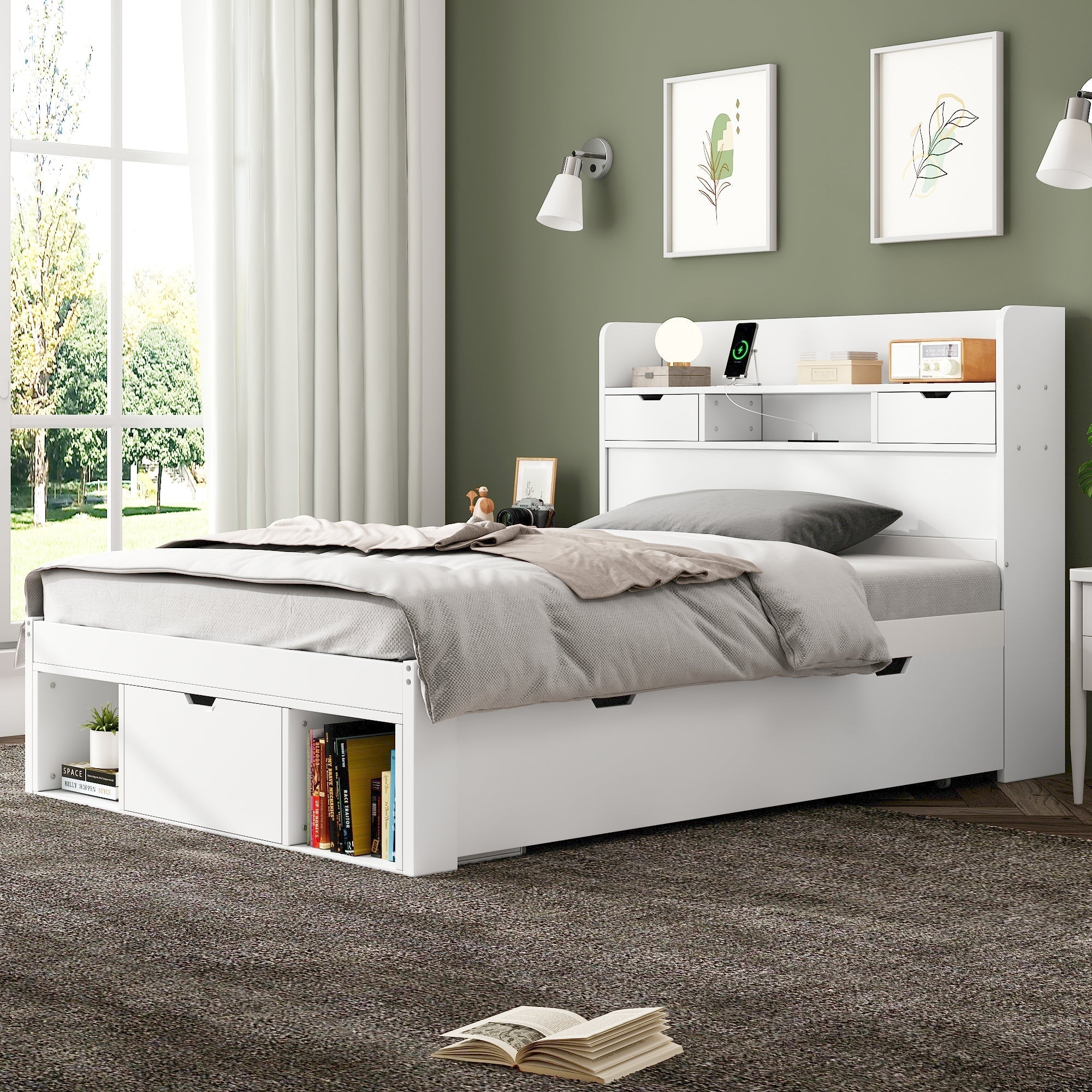 Single Bed with USB Port, Drawers and Storage Cabinet, White