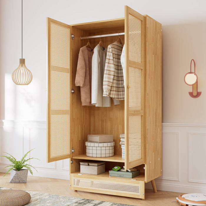 Wardrobe 2-Door Hanging Rail Rattan Net Flip-Top Lid, Natural Chipboard/PE Rattan