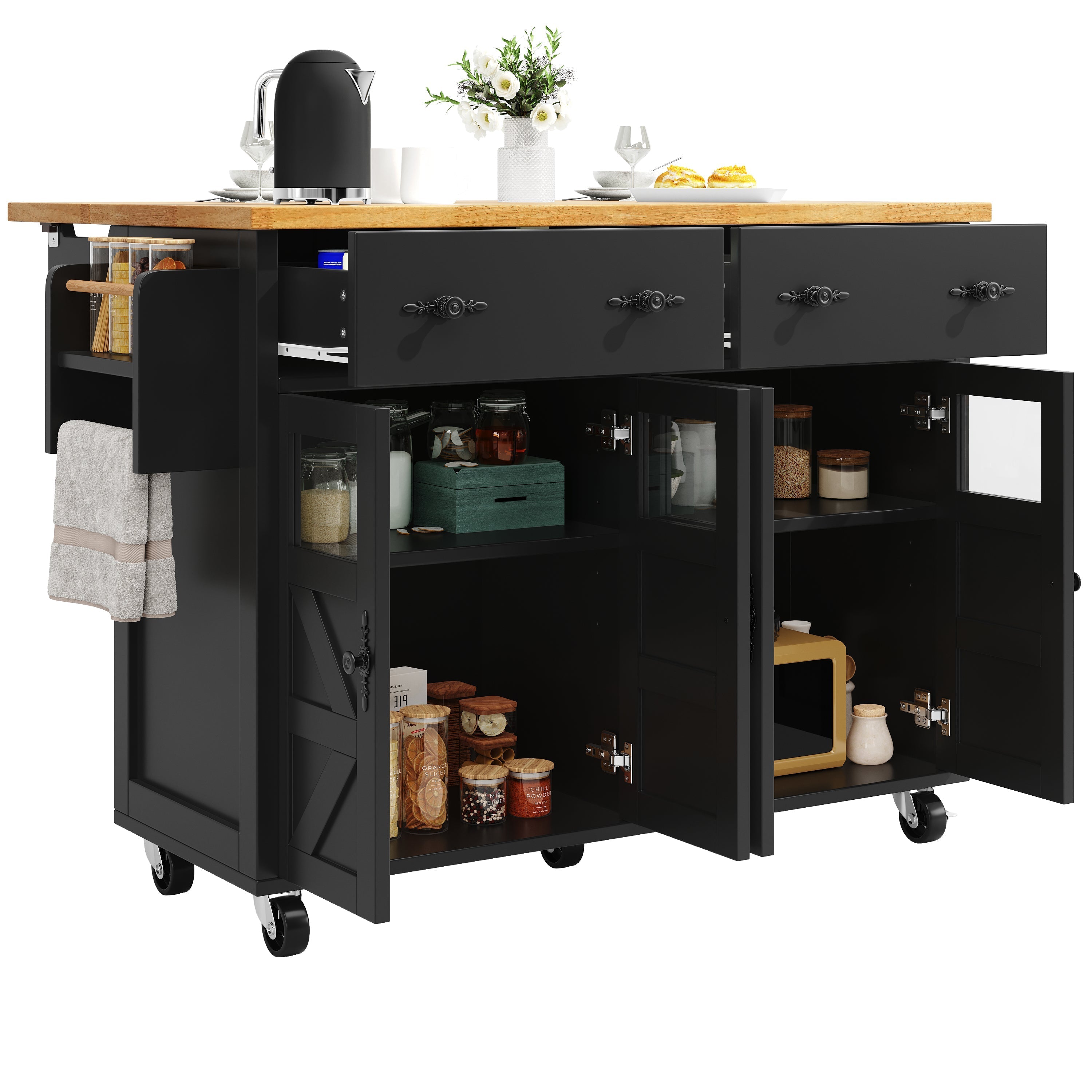Kitchen Island Serving Trolley with Ample Storage and Adjustable Shelves, Black