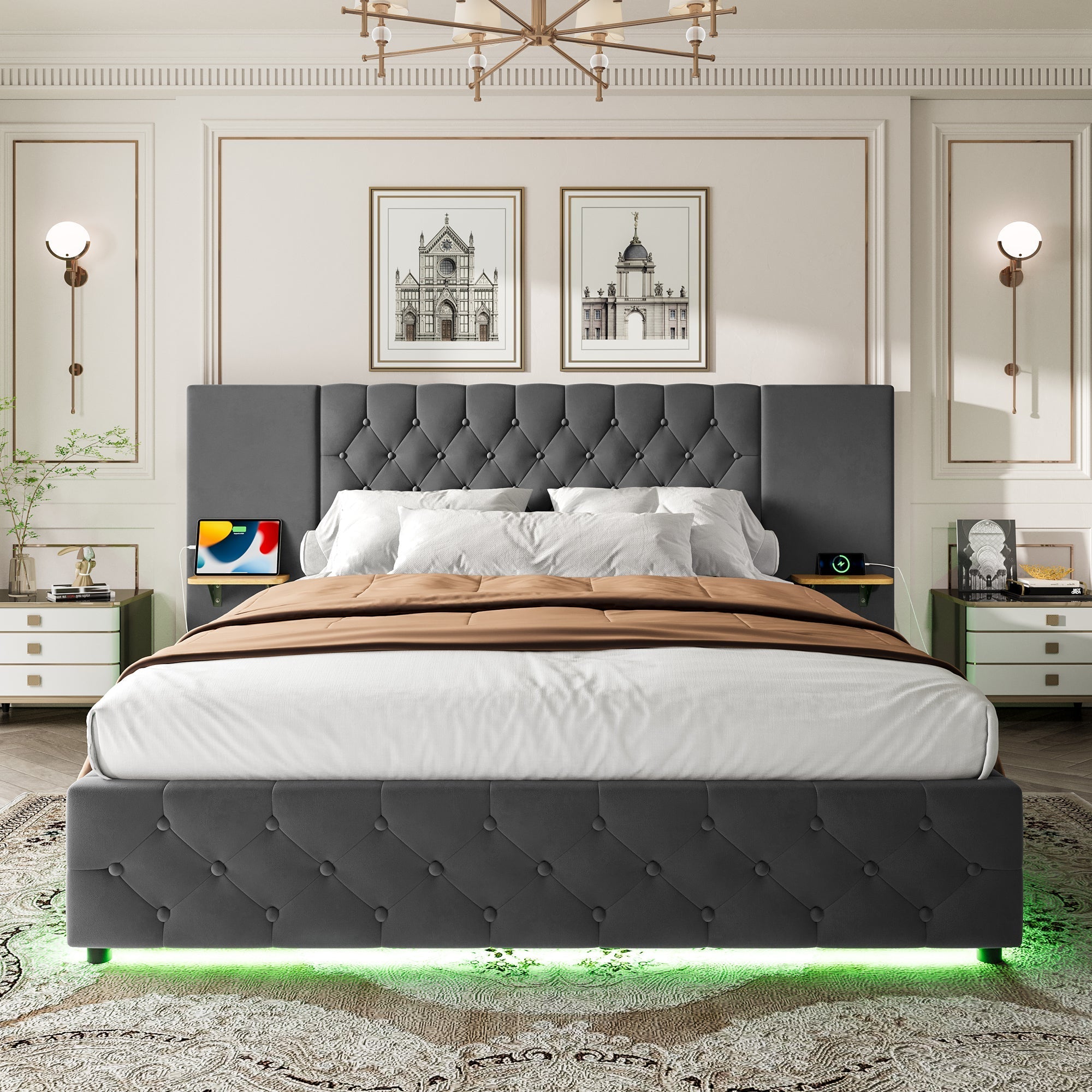 Modern Bed Frame 150x200cm, Wide Headboard, LED, USB-C Ports, Hydraulic Storage, Gray