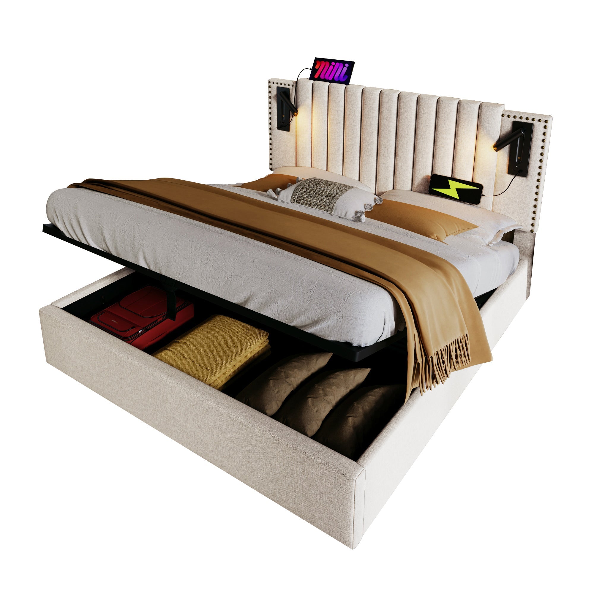 Upholstered Bed 140x200, Double with Storage, USB Reading Light, Rivet Headboard, Beige Cotton