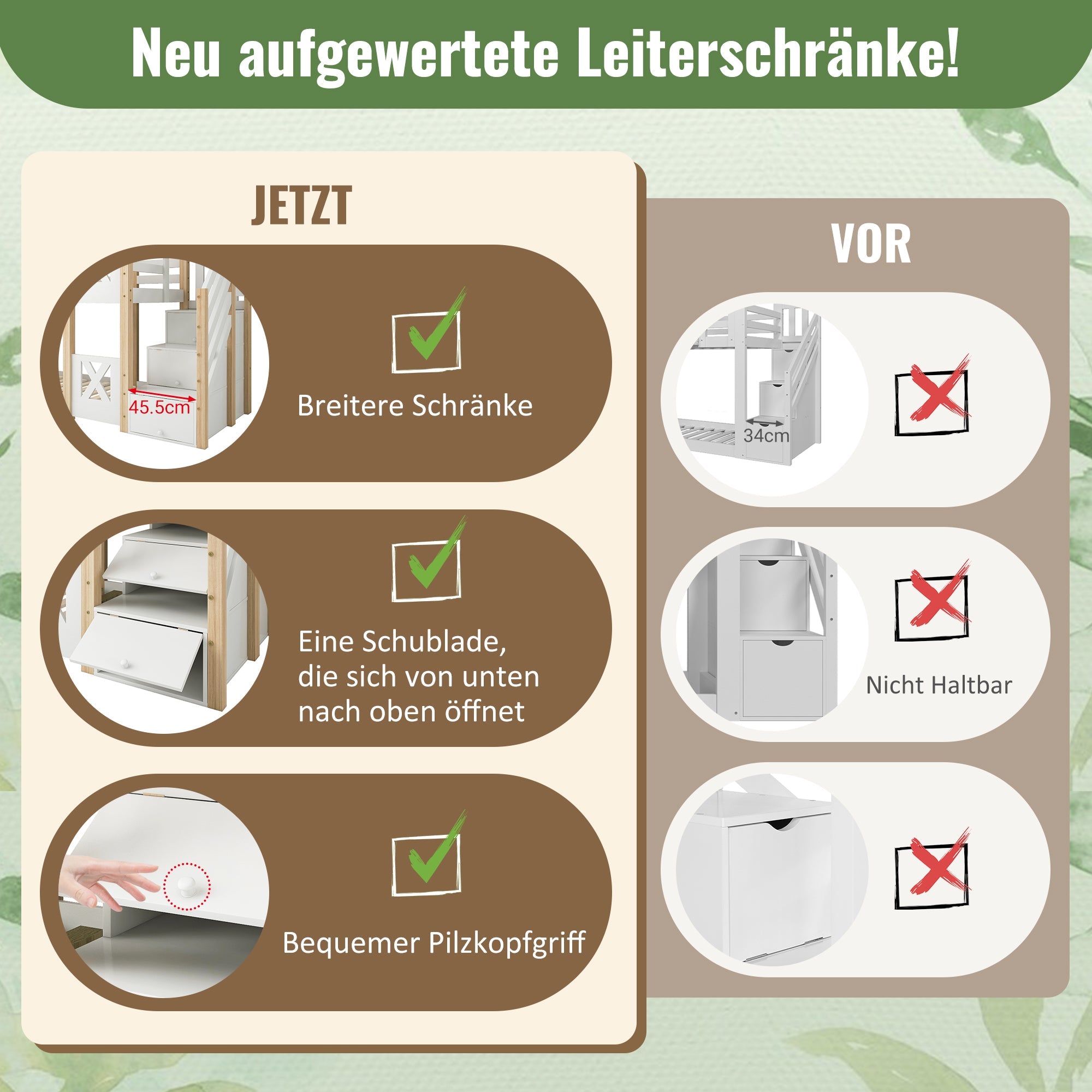 Bunk Bed 90x200cm Tree House Loft with Stairs & Fall Protection, Natural & White