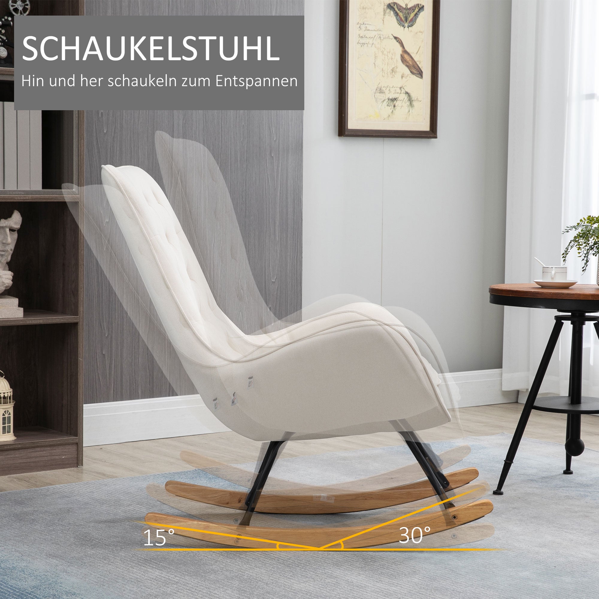 Rocking Chair Recliner Swivel Wooden Metal Frame, Cream-White Linen