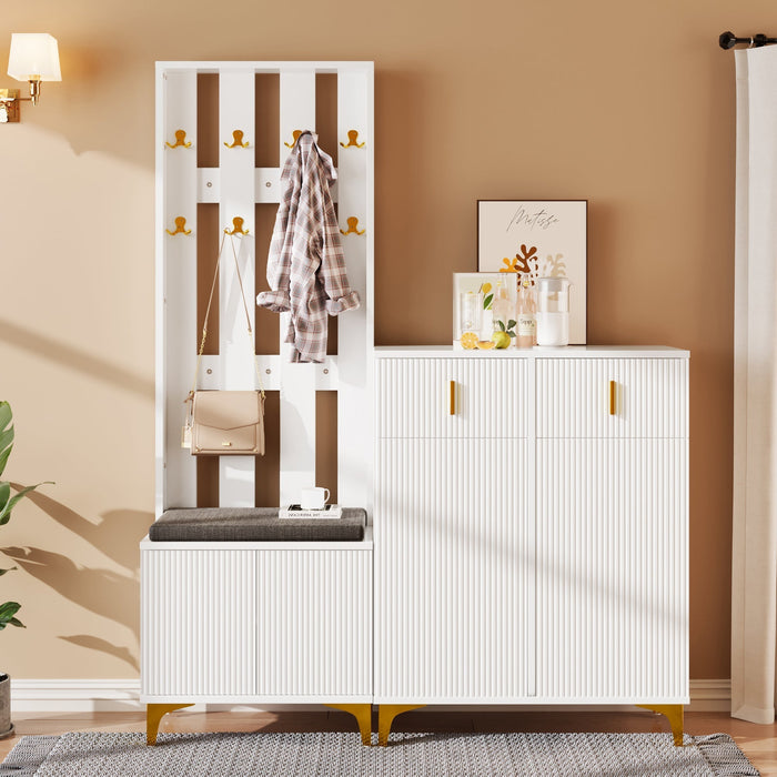 Wardrobe Set with Shoe Bench, Cushions, Hooks, Drawers, and Doors, White
