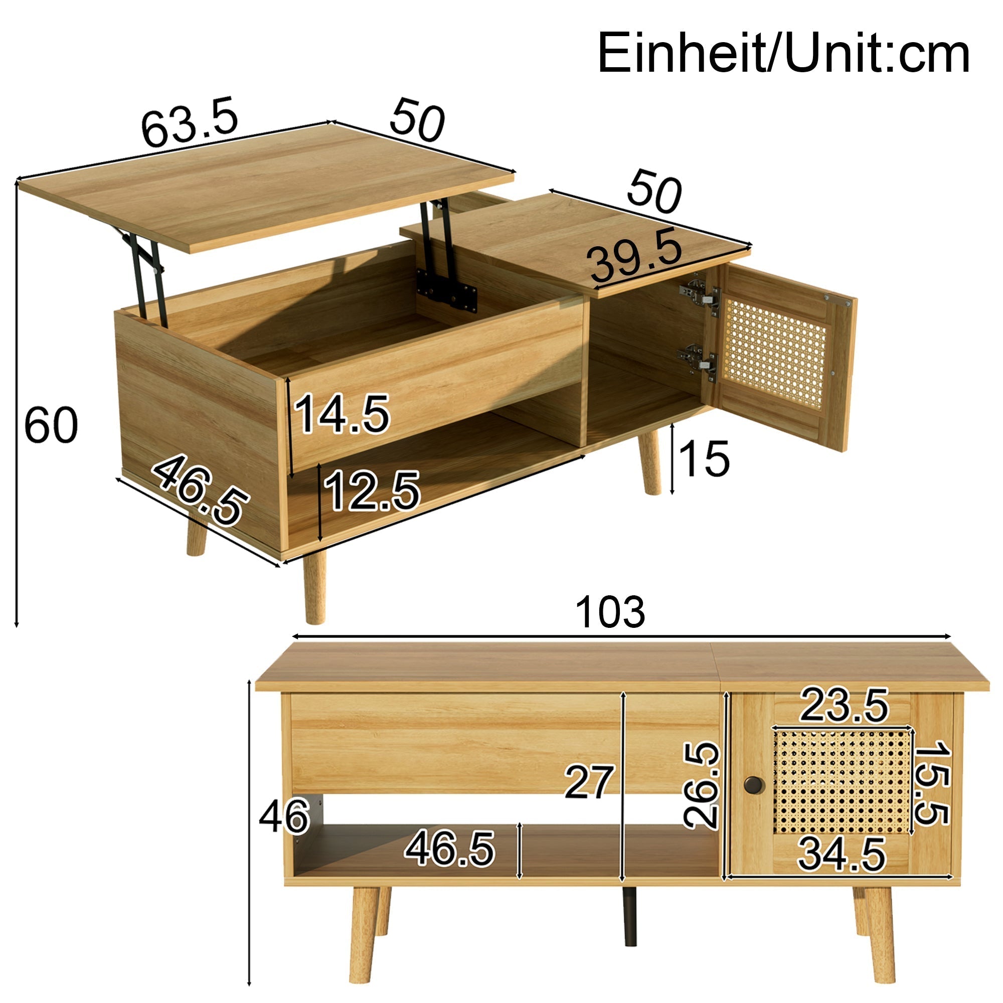 Coffee Table Lift-Up Top Rattan Doors Storage Wood/Black