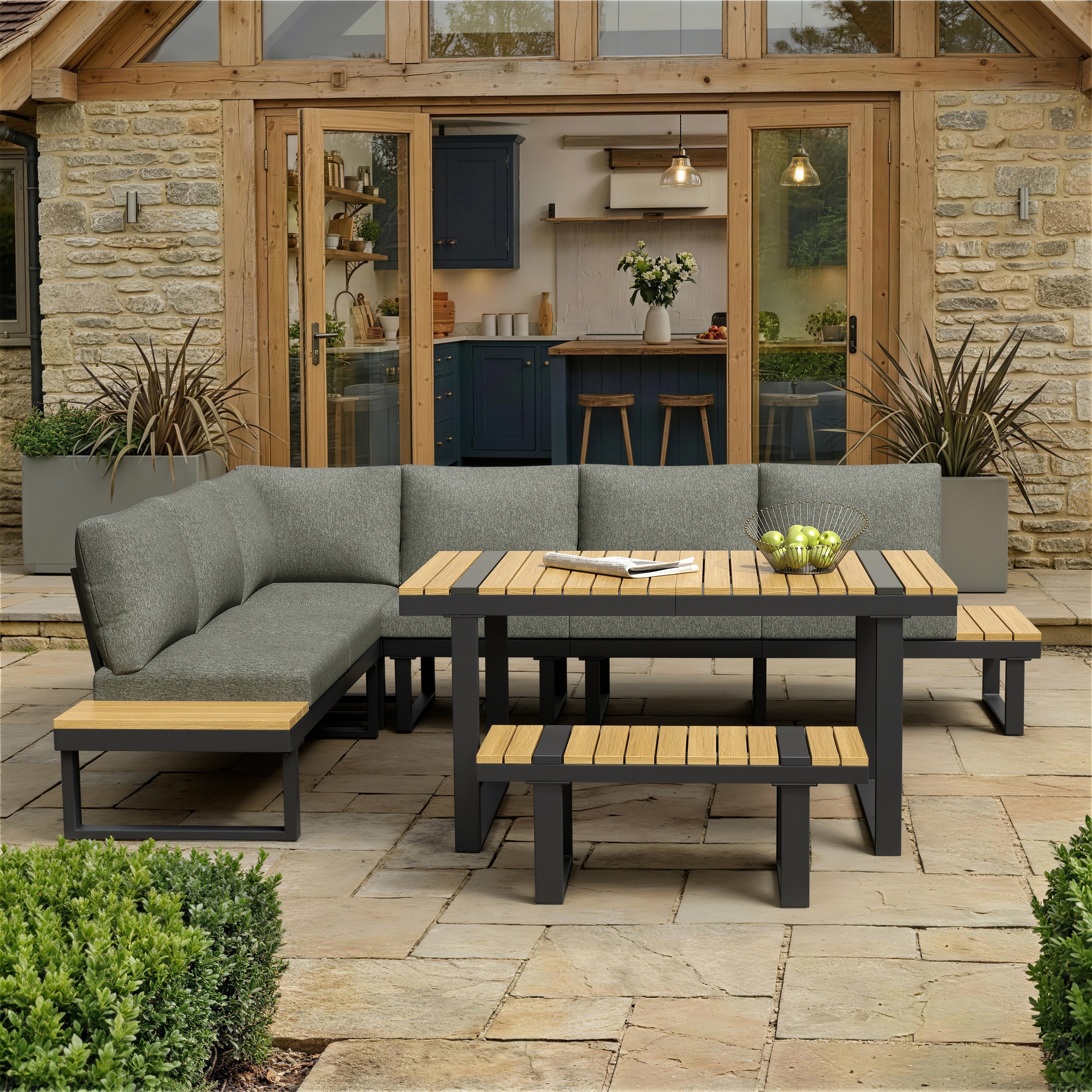 Garden Dining Set with Adjustable Tilt and Corner Configuration, Grey and Black