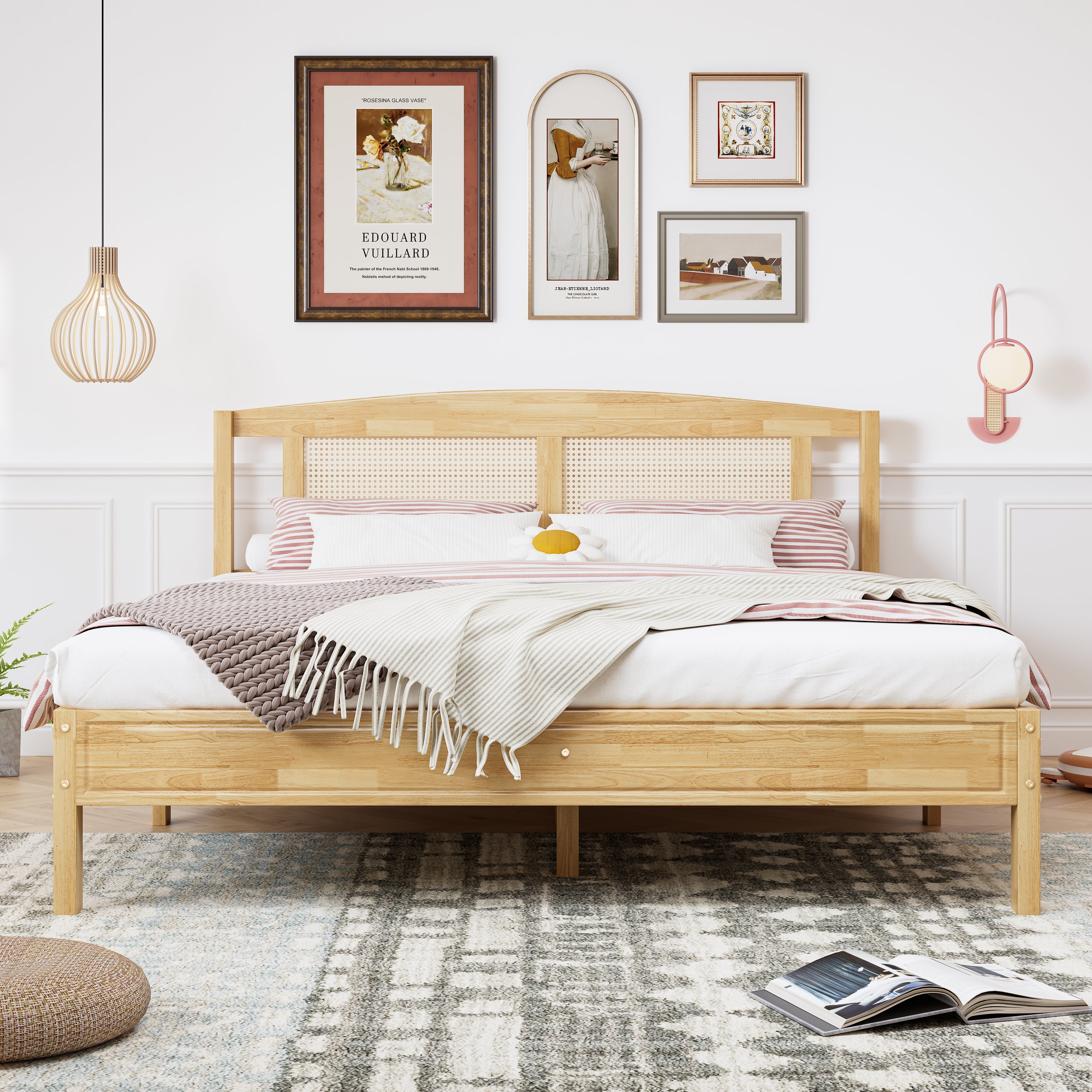 Double Rattan Bed 160x200cm, 15 Slats Pine + PE Rattan, Natural