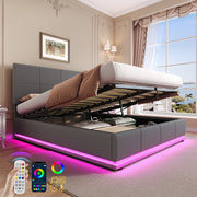Ottoman Double Bed with LED Lighting, Hydraulic Storage, Adjustable Square Tufted Headboard, Grey PU Leather (No Mattress)