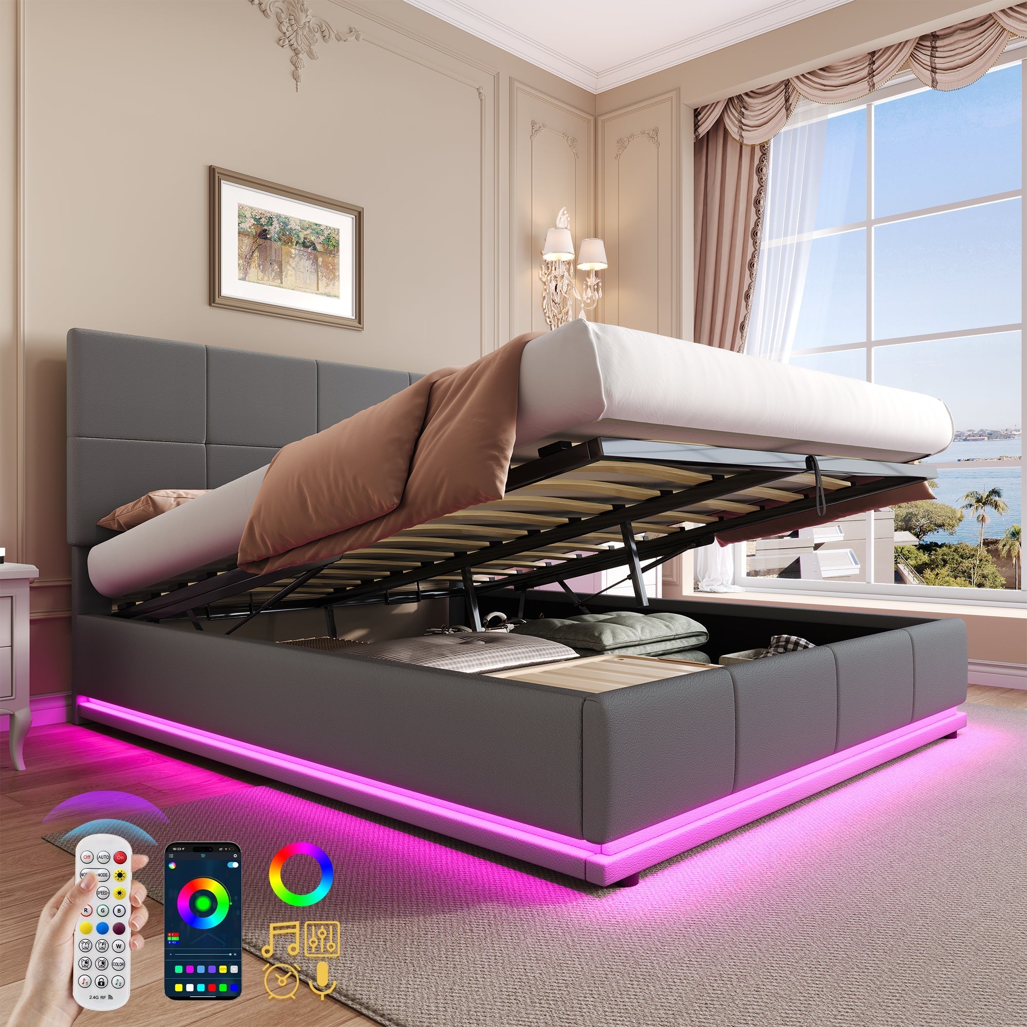 Ottoman Double Bed with LED Lighting, Hydraulic Storage, Adjustable Square Tufted Headboard, Grey PU Leather (No Mattress)