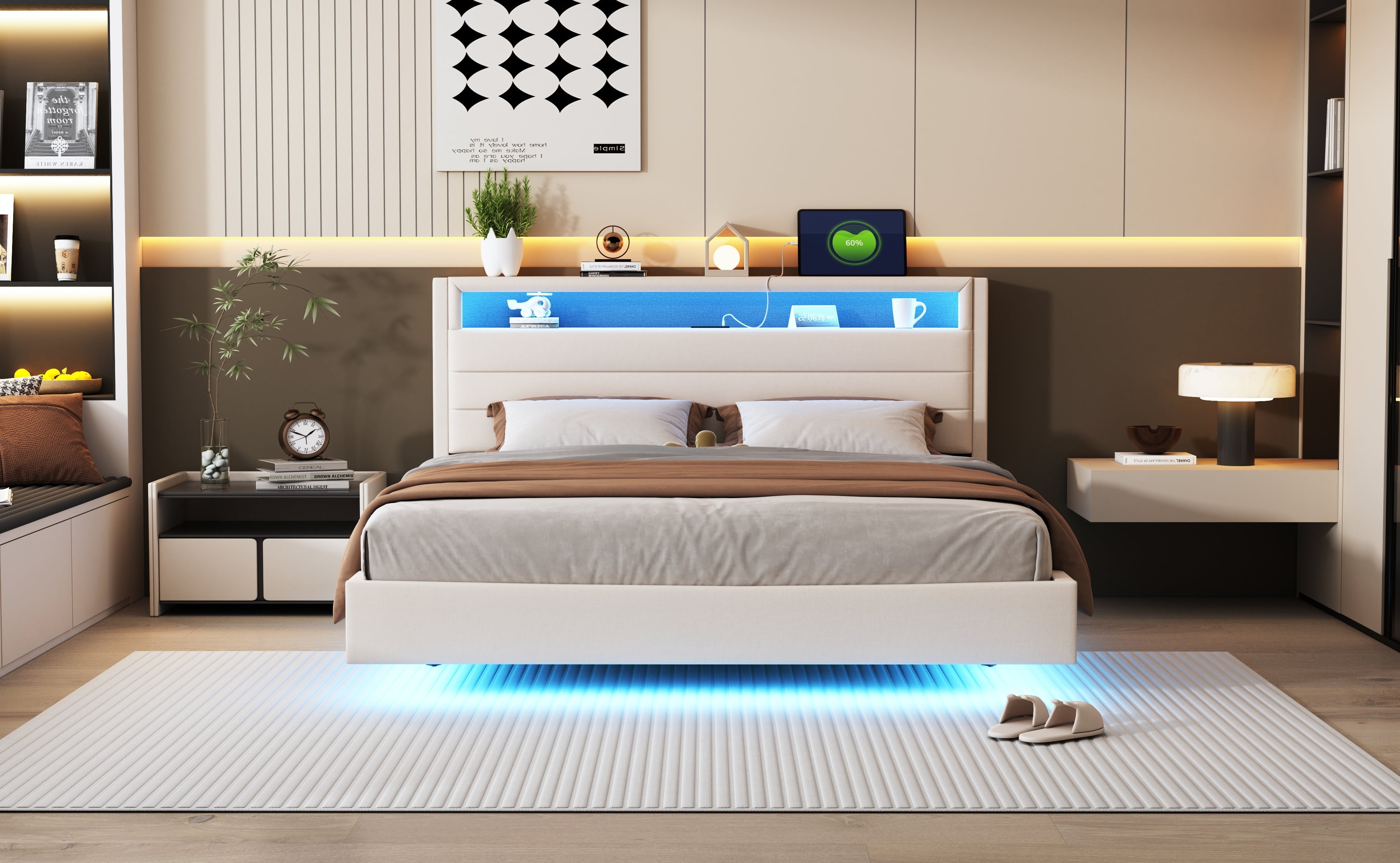 Upholstered Bed 160x200 cm, USB & LED, Reversible Headboard, Linen Fabric Beige