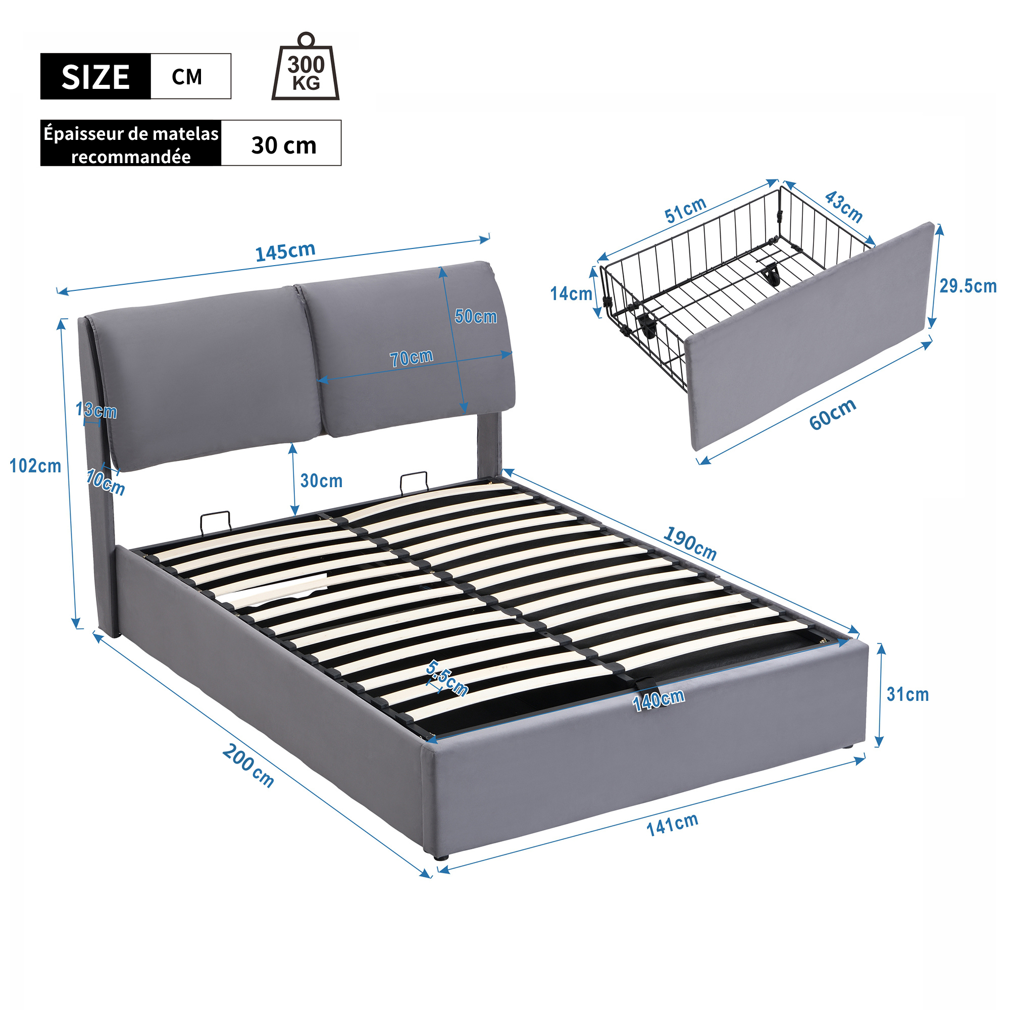 Upholstered Bed with Hydraulic Base, Three Drawers and Storage, 140x190cm, Gray Velvet