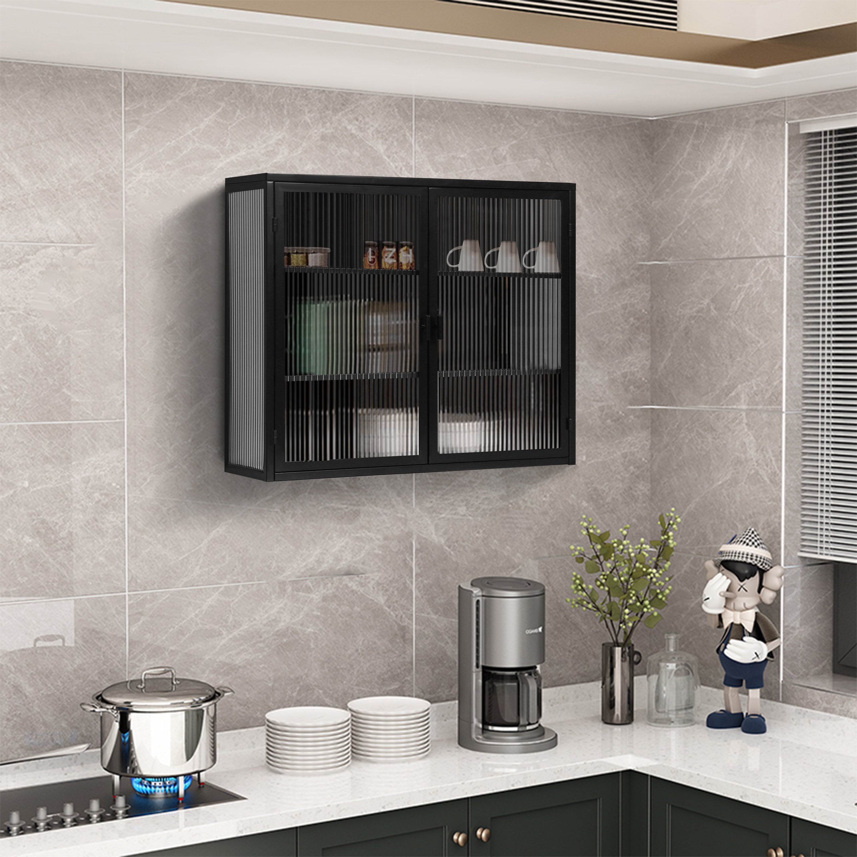 Wall Cabinet 70cm Glass Door Two-Door Three-Tier Storage, Black