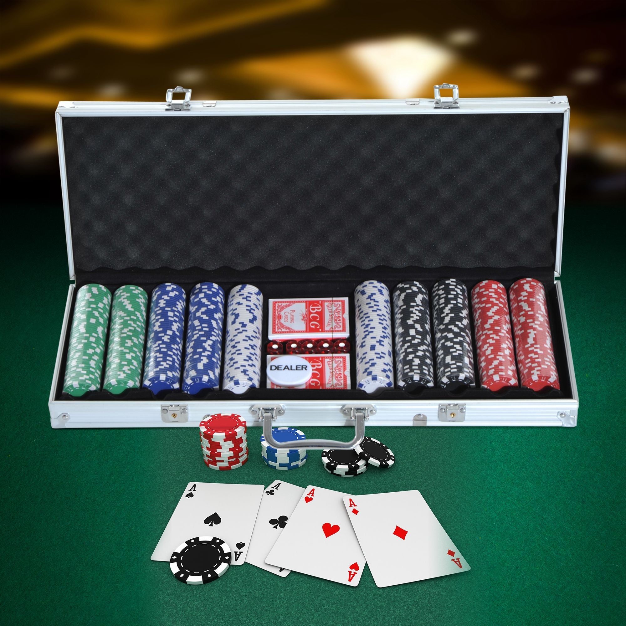 Poker Case Set, 500 Chips, 2 Card Games, 5 Dice, Aluminum