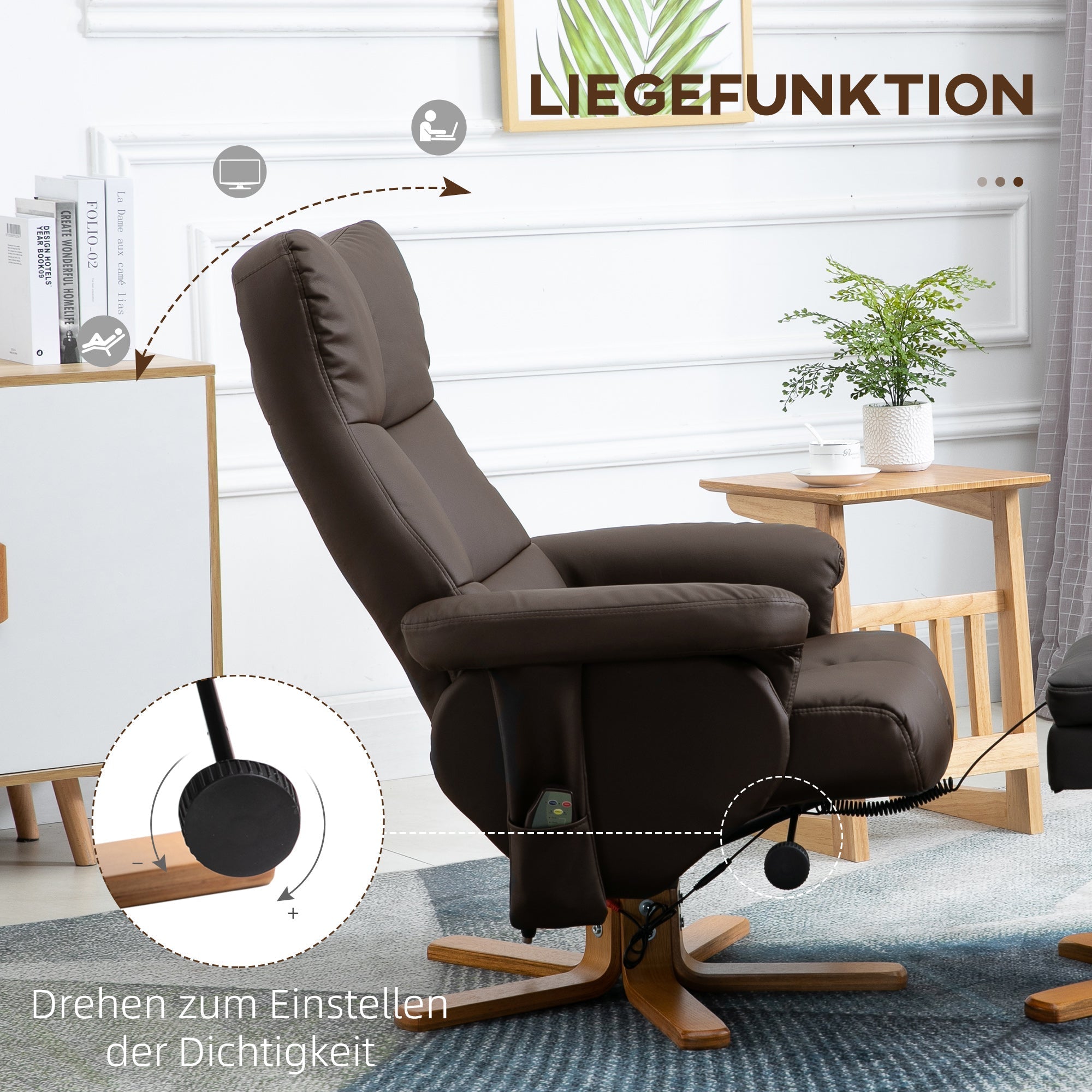 Relaxliege, Massagesessel mit Fußhocker 145° Neigung, 10 Vibrationspunkte, Kunstleder Braun