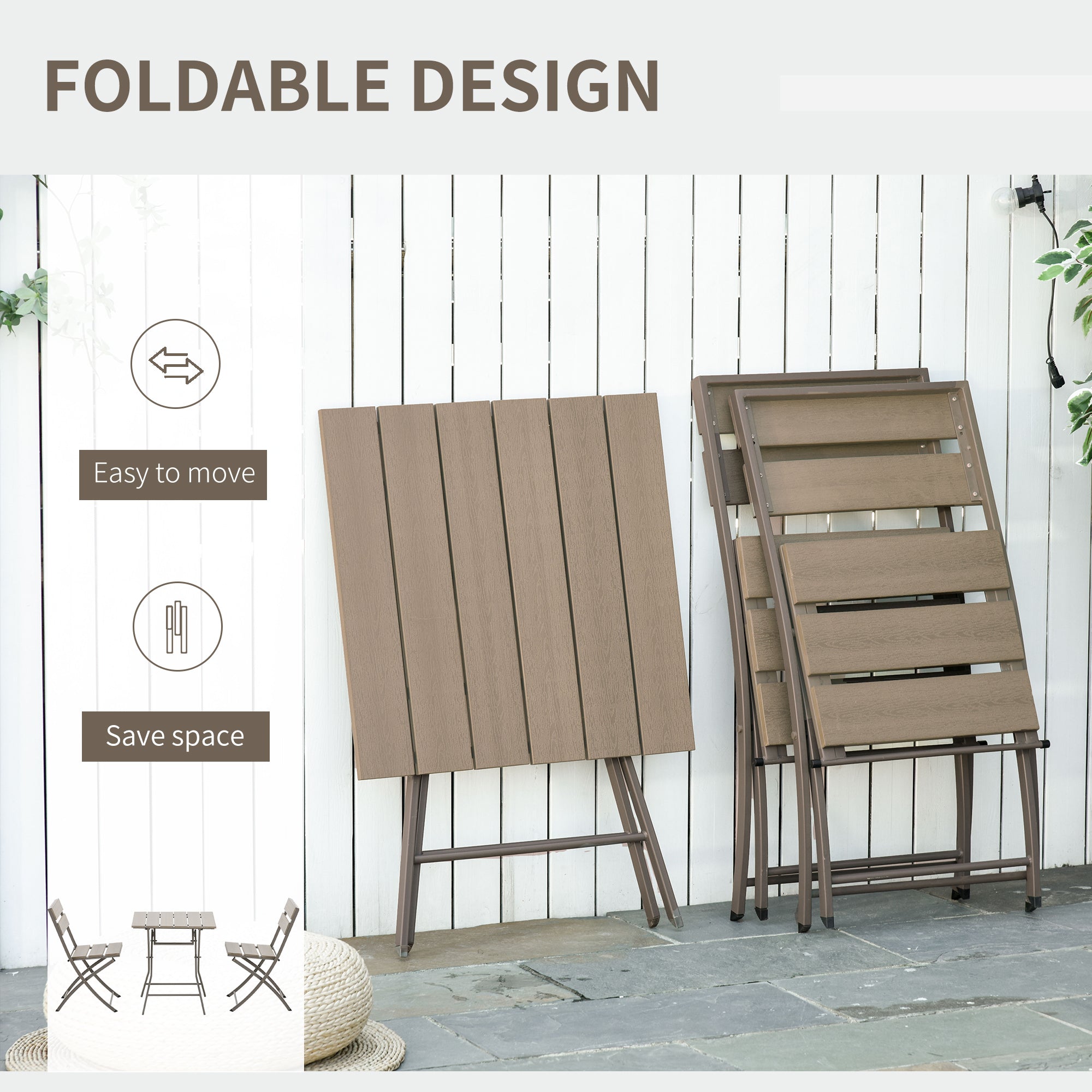 3 Piece Garden Bistro Set, Foldable Table and 2 Chairs, Grey