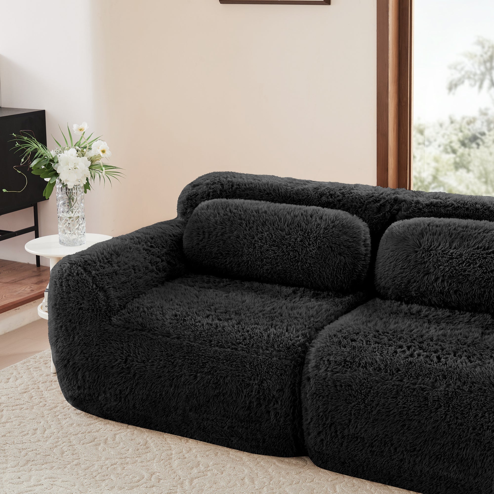 L-shaped 2-seater Sofa Modular Plush Fabric with Cushions - Black