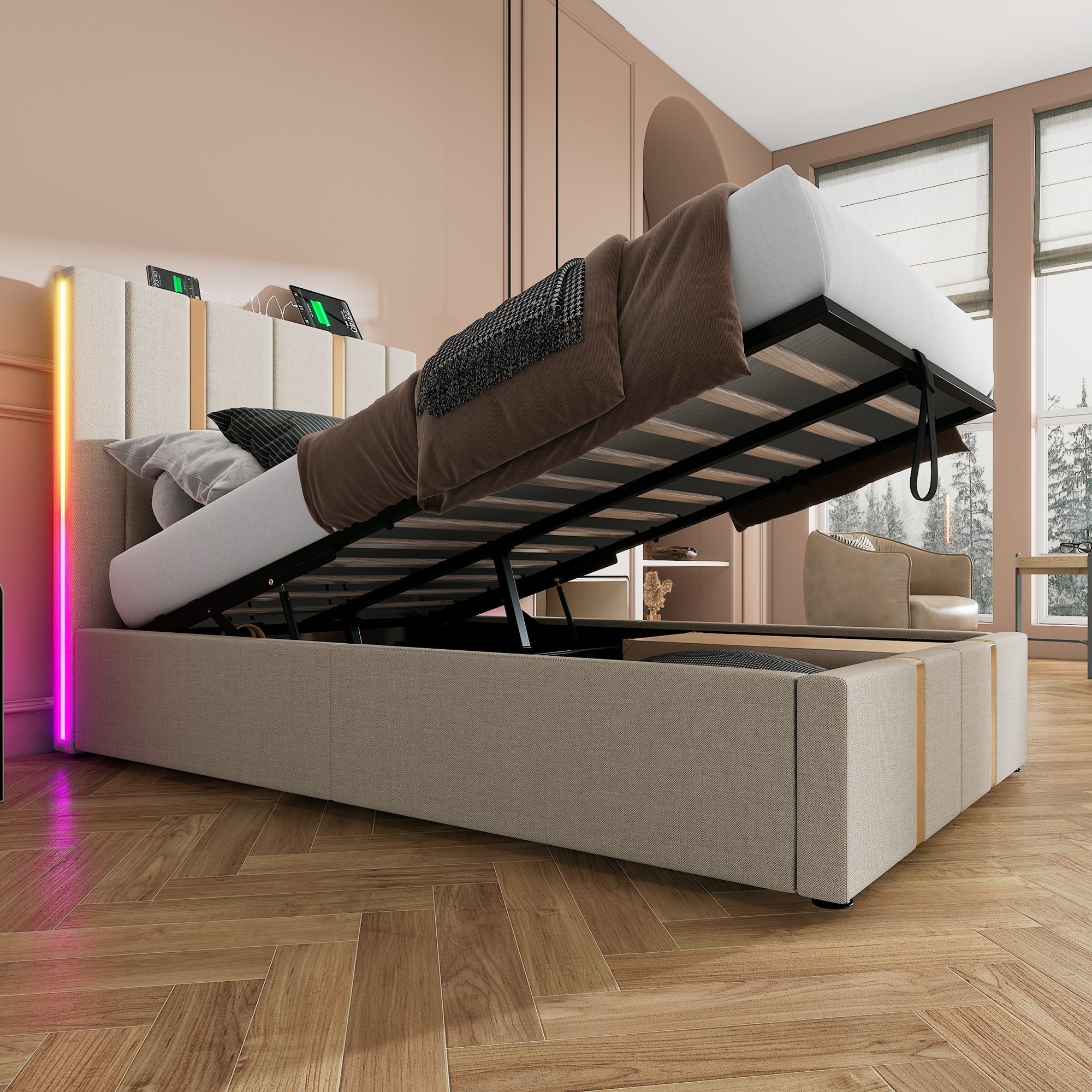 Upholstered Bed, USB C, LED, Storage, 90x200, Wood Slats, Beige Linen