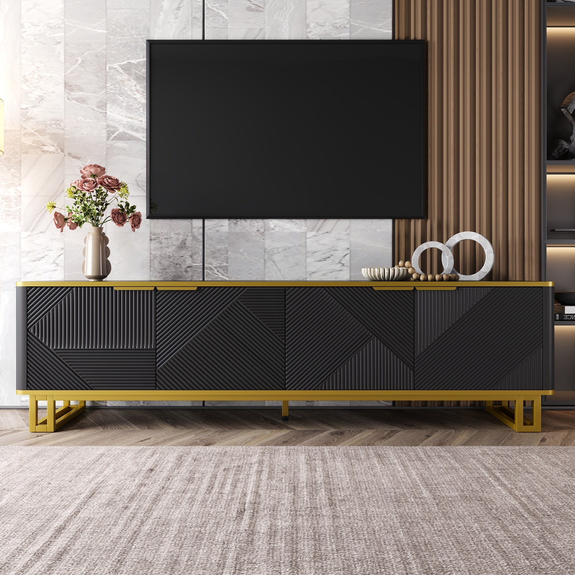 Low TV Stand 4 Doors Geometric Texture 160cm