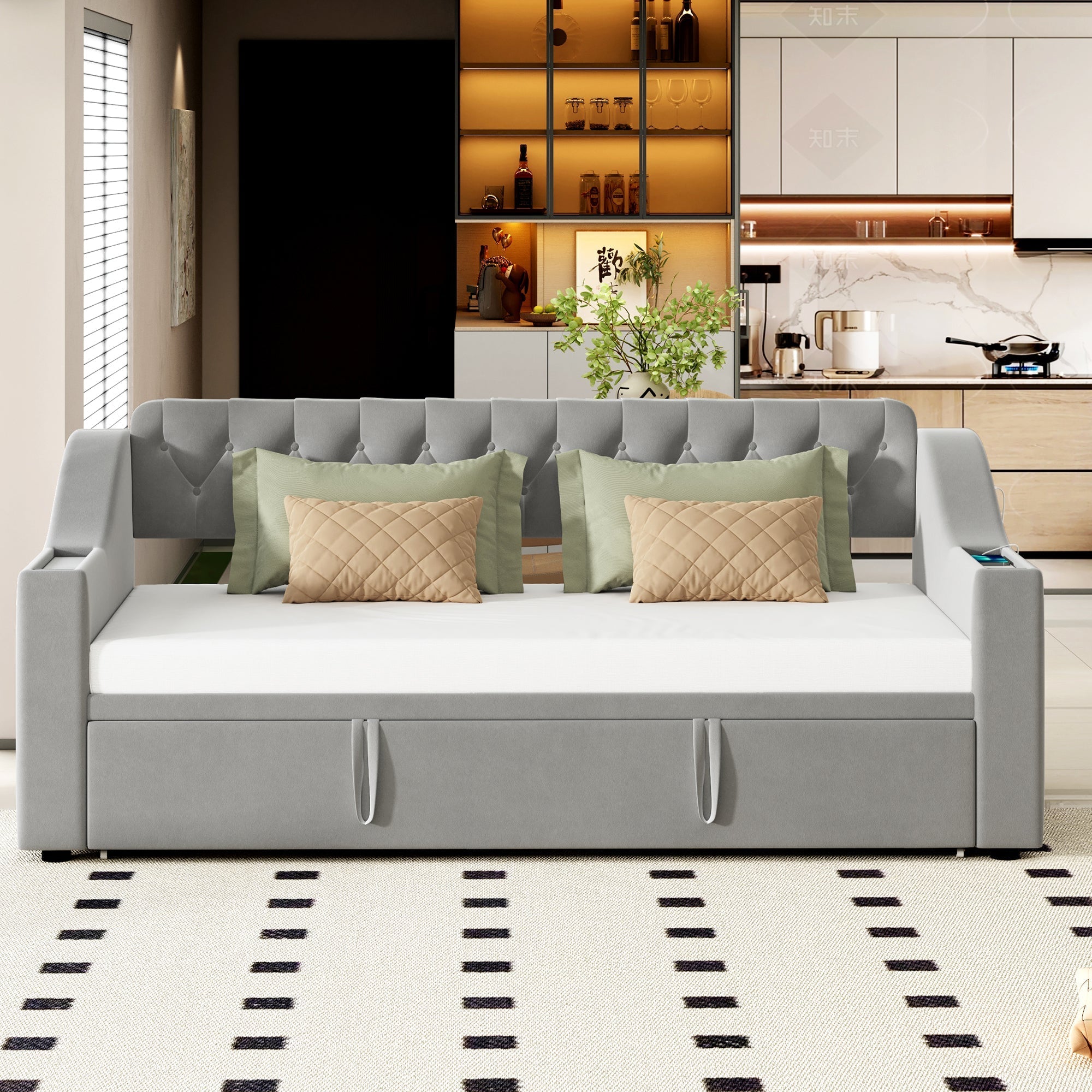 Upholstered Sofa Bed with USB Charging Port, Storage, Slatted Frame, Velvet Fabric, Grey