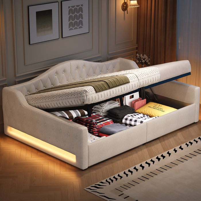 Upholstered Daybed 140x200 LED Storage - Beige