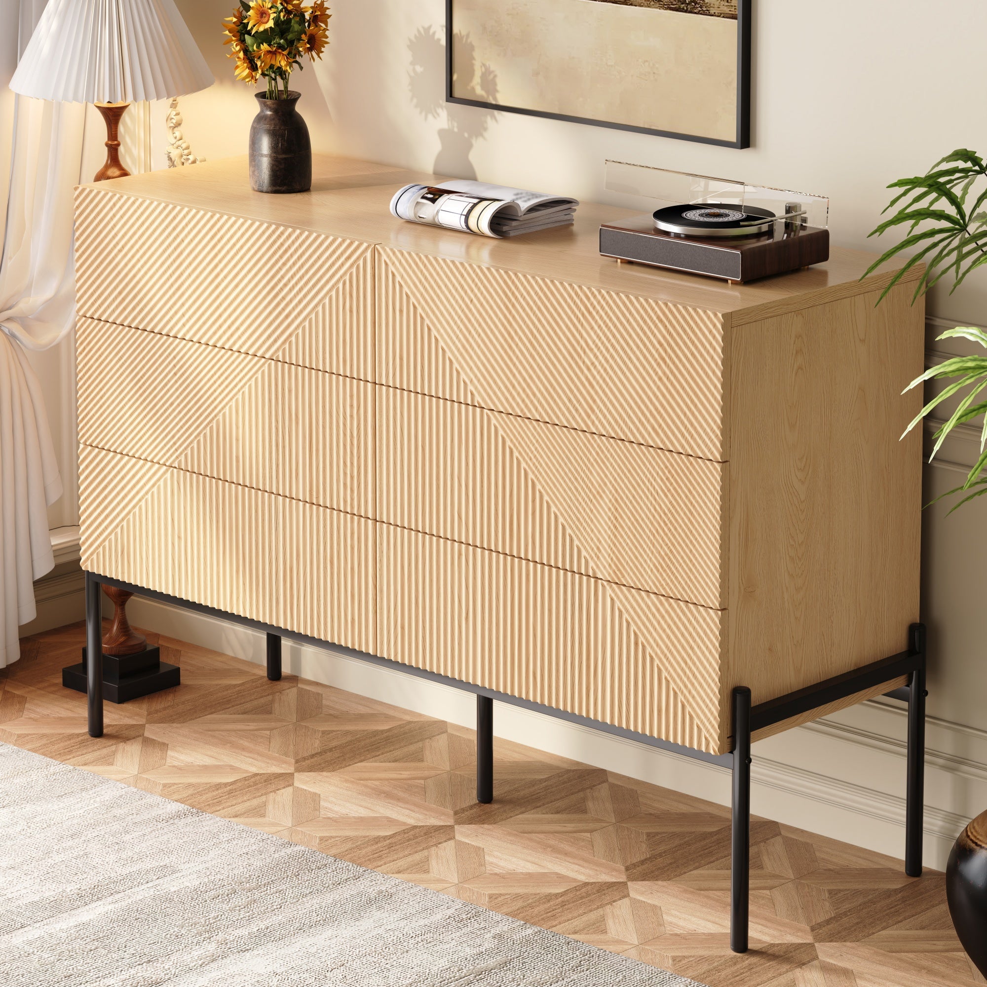 Sideboard with Six Drawers and 3D Geometric Texture, Multifunctional Storage for Living and Dining Room, Wood and Metal
