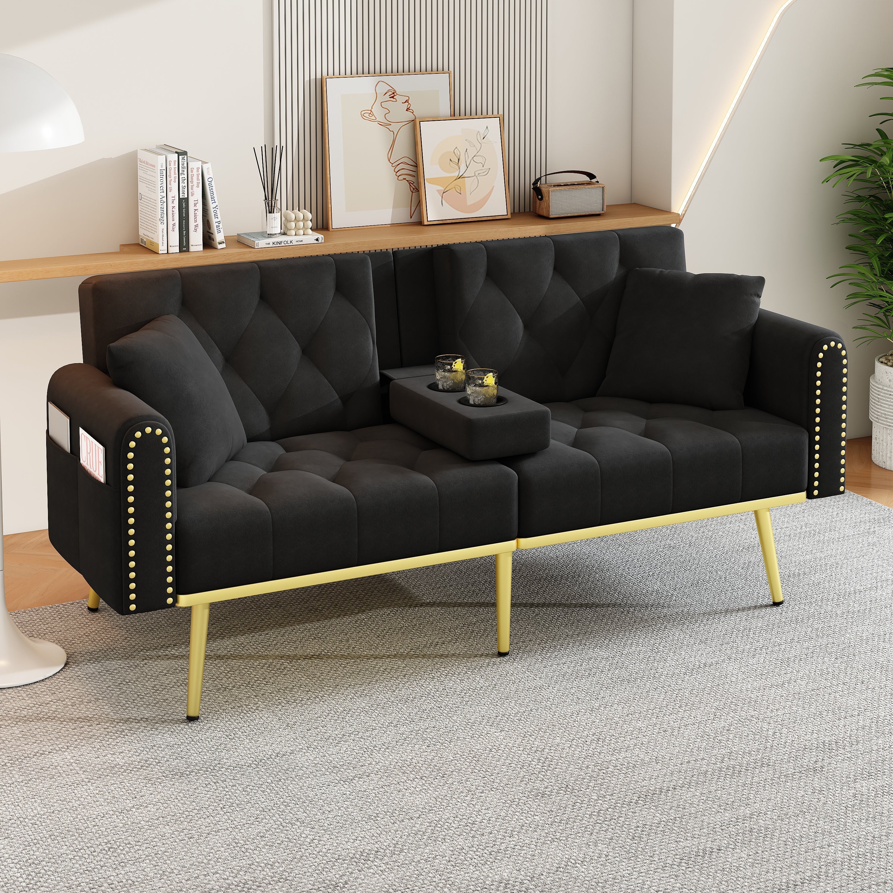 Double Sofa Bed Reclining 3 Angles Cup Holders - Fabric Black