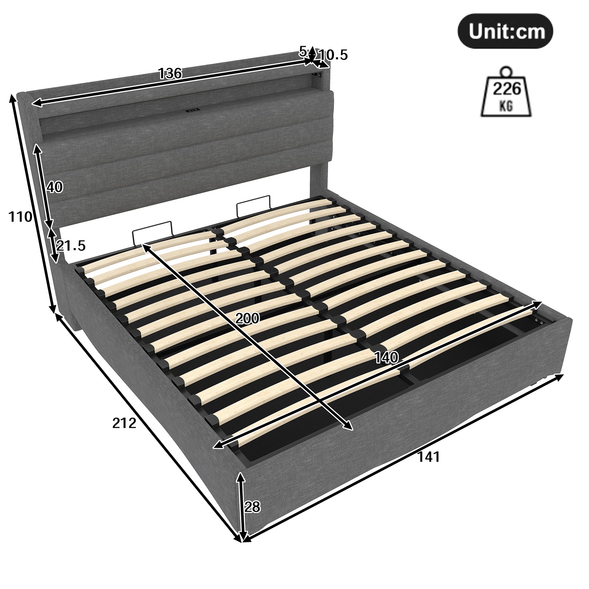 Upholstered Bed with LED Lighting, Hydraulic Storage and USB Ports, Grey Linen Fabric