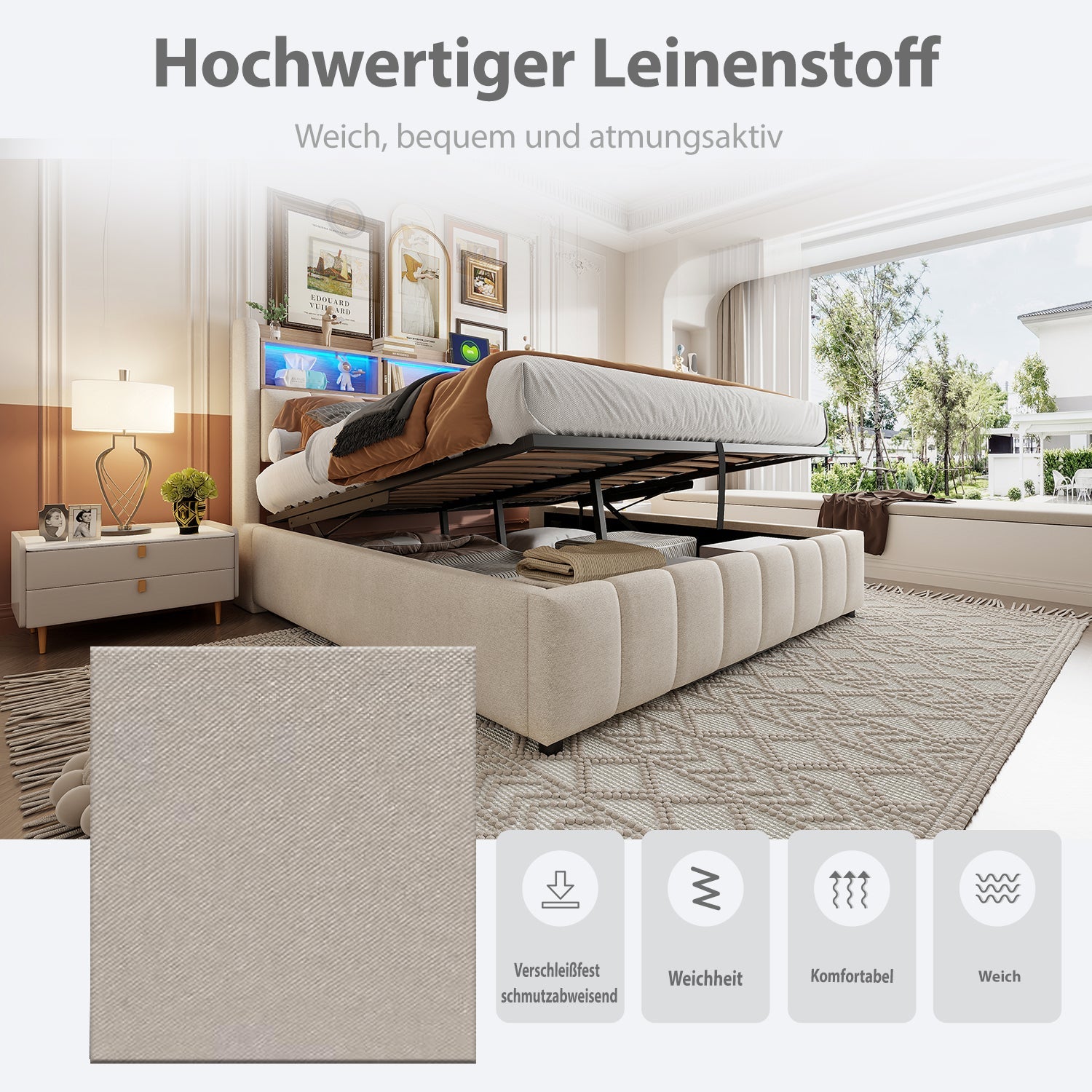 Upholstered Bed 180x200cm LED/USB, Hydraulic Storage Headboard, Beige Linen Fabric