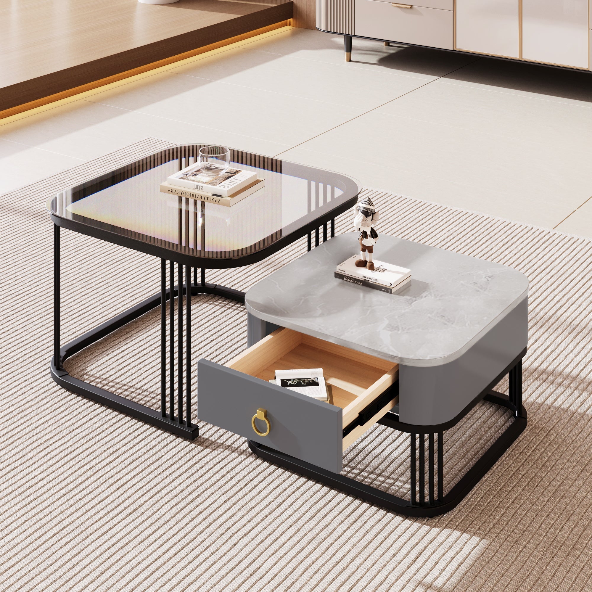 Stackable Coffee Table: High-Gloss Marble Look, Glass Top, Black Legs