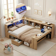 L-shaped Storage Platform Bed with Desk, LED, USB and Drawers, 140x200cm, Natural Wood