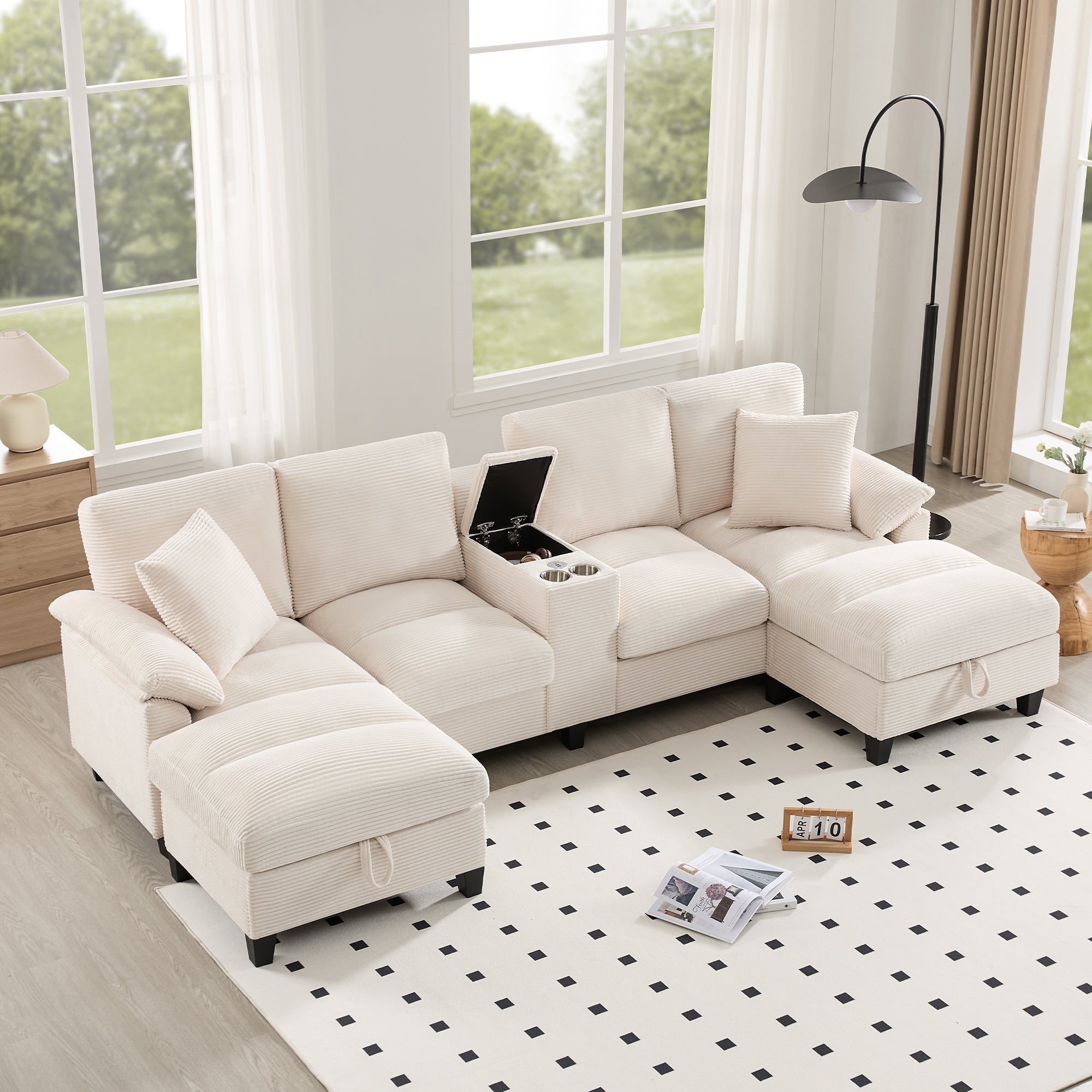 U-shaped Sofa 4-Seater with Storage USB Ports Cup Holders Oversized Corduroy