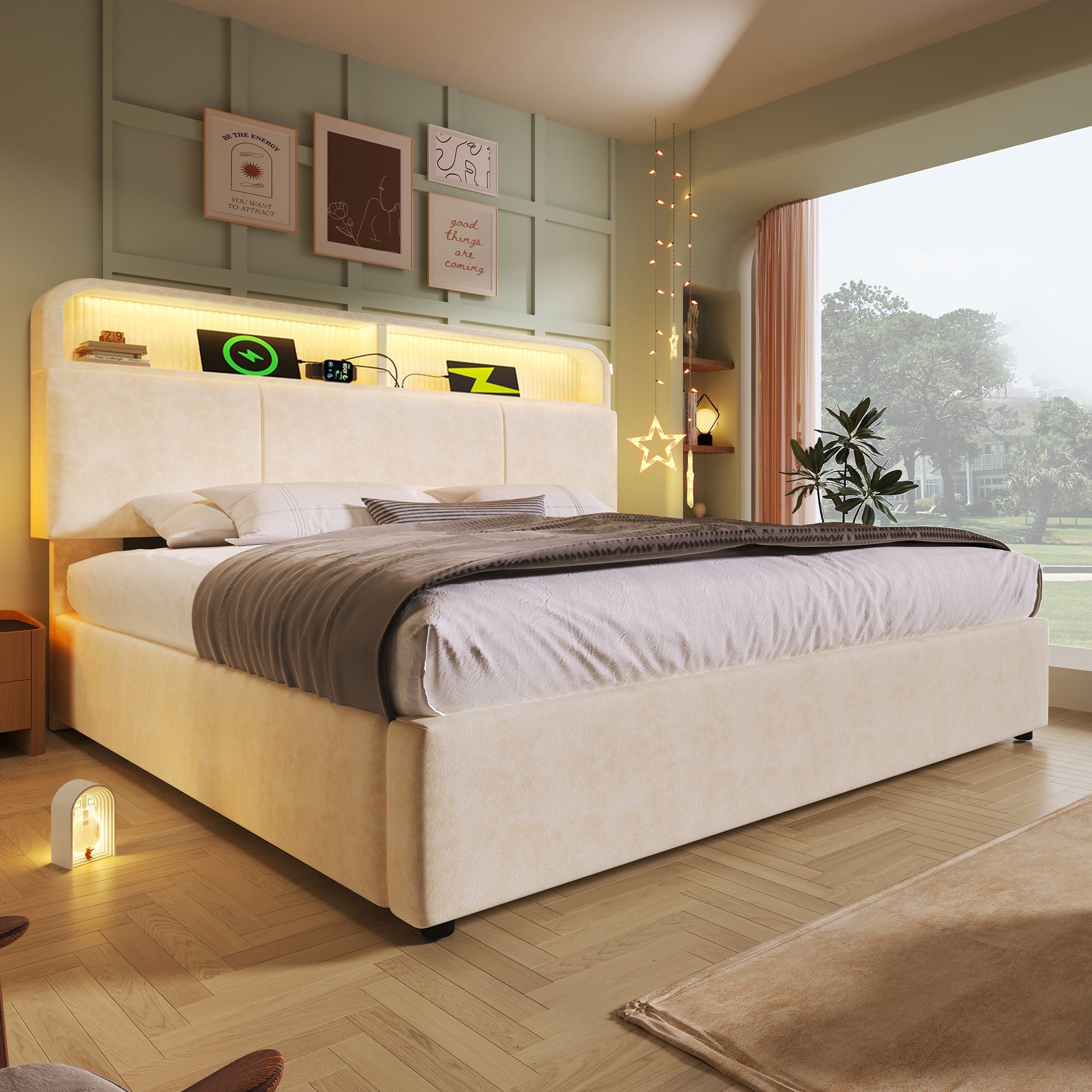 Upholstered Double Bed 140x200cm Hydraulic Storage Headboard LED USB/Type-C Velvet Beige