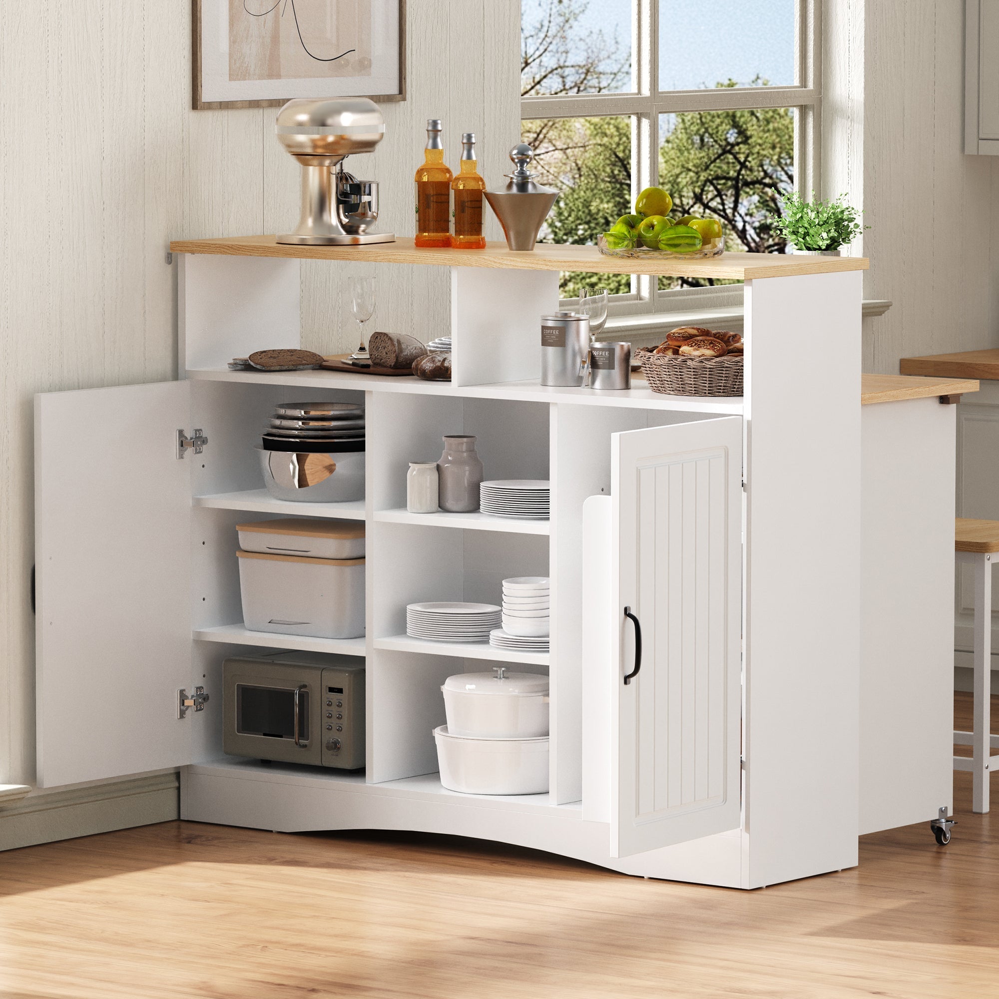 Kitchen Island on Wheels Extendable Dining Area Storage with Chairs - White