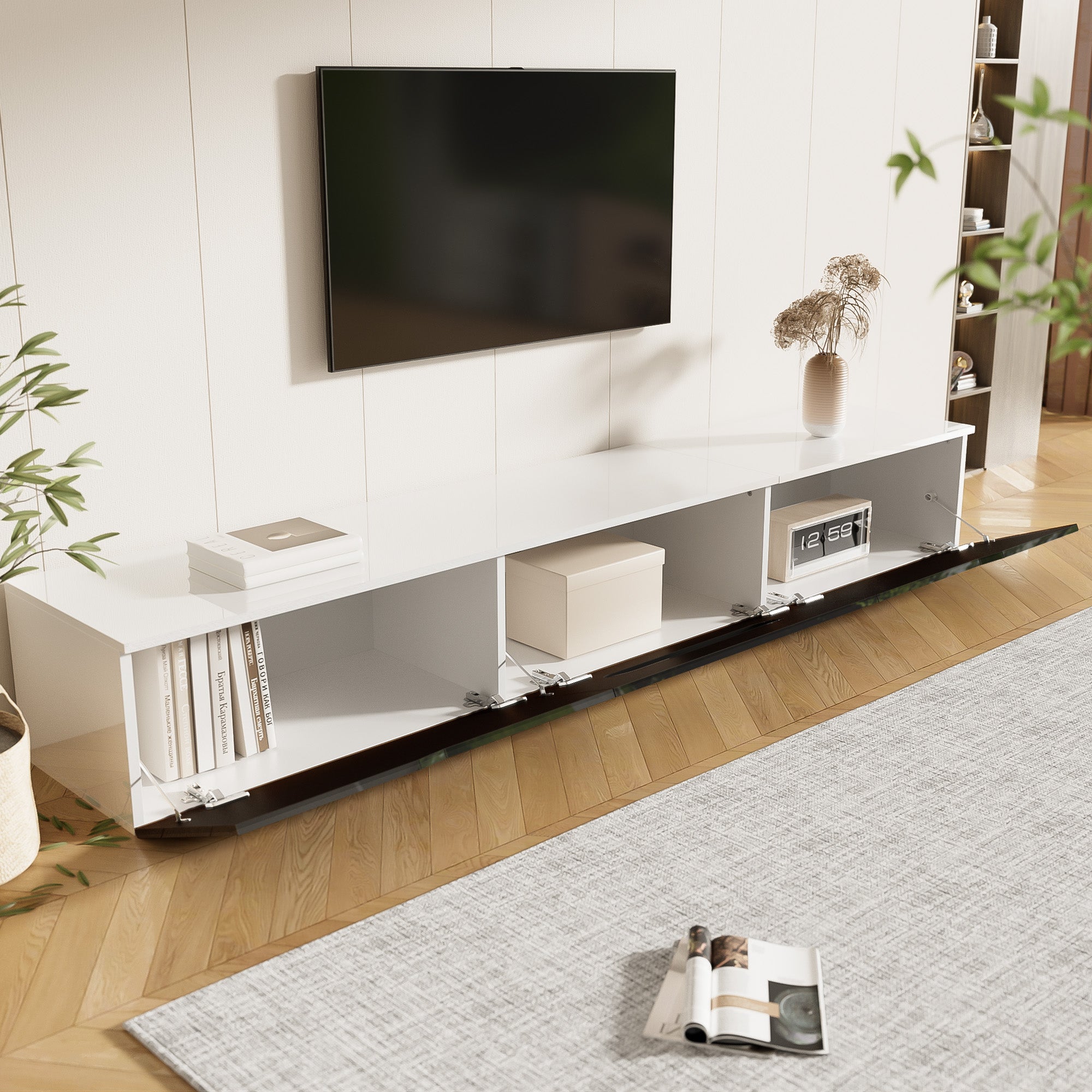 TV Cabinet 180cm LED Wall-Mountable High-Gloss Black and White