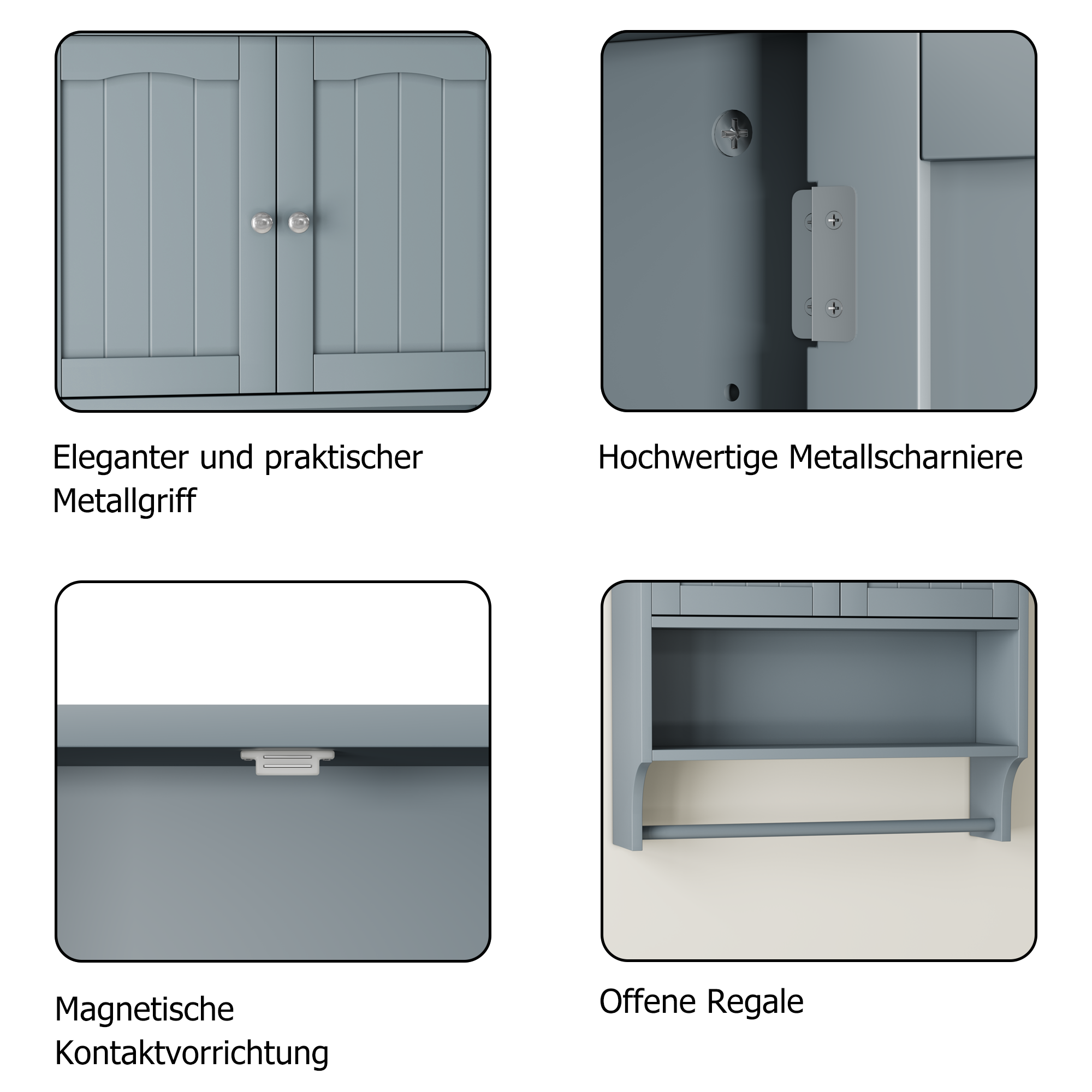 Bathroom Wall Cabinet, 2 Doors, Open Shelves & Towel Rail, Grey