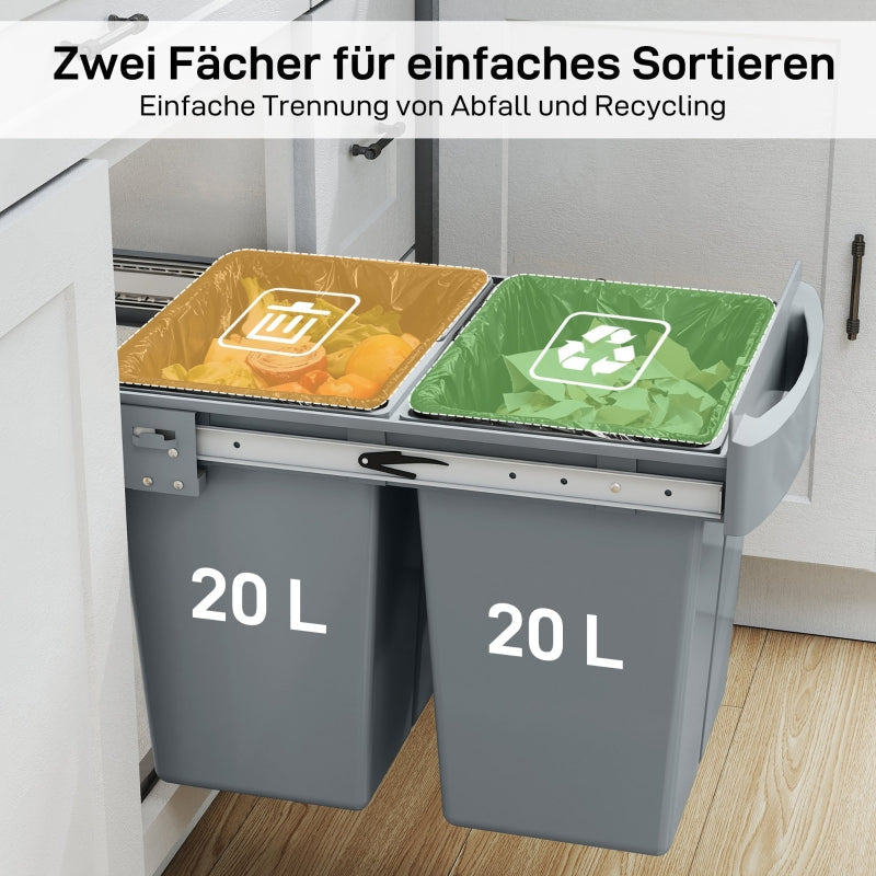 Extendable Waste Bin 2x 20L Removable Containers Plastic Metal Grey